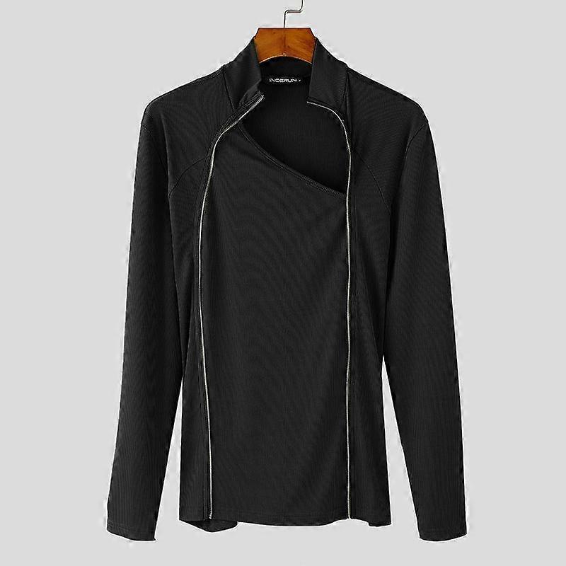 INCERUN Men Biased Collar Long Sleeve Texture Stretch Tops Casual Pullovers T-shirts
