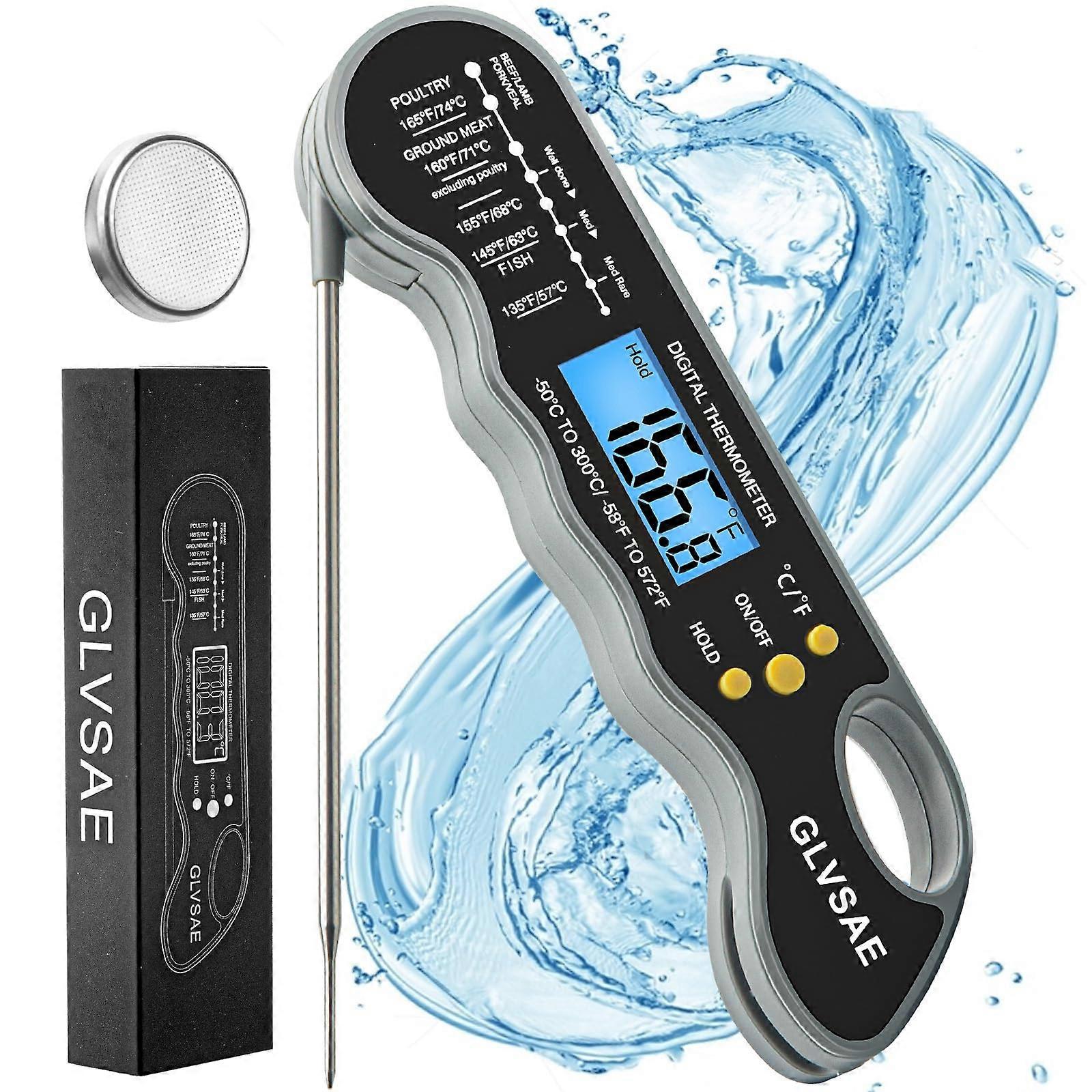 Instant Read Meat Thermometer with 4.6-Inch Folding Probe, Backlight, Calibration for BBQ and Liquid Cooking