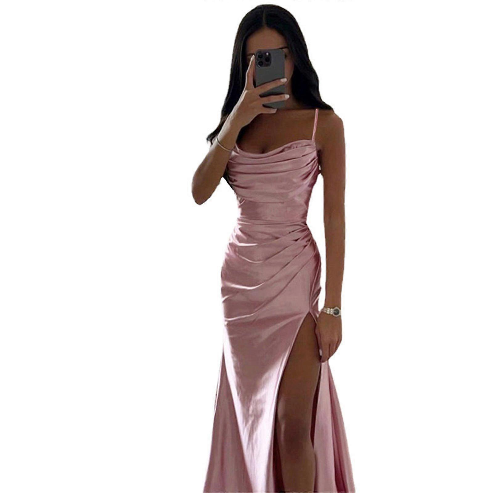 Elegant High Split Pleated Dress Wedding Long Dress Woman Sleeveless Dress Party Evening Prom High Split Lady Dress Pink XL
