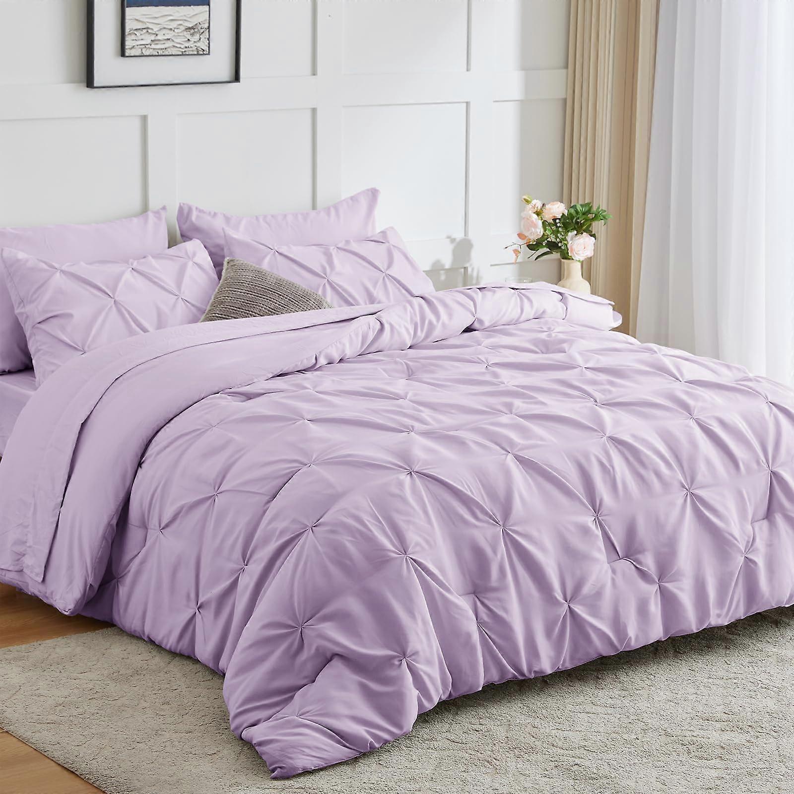 Light Purple Lavender Lilac Comforter Set Pintuck Design Bed in a Bag for Teen Full Size Bedding Sets with Sheets, Pillowcases & Shams (82'x86')