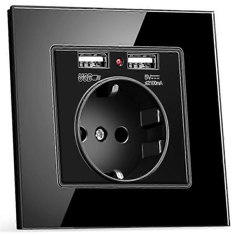 Eu Plug Power Socket Wall Electrical Outlets 230V 16A + 2 USB Chargers 5V 2.1A Glass Panel Black German Socket