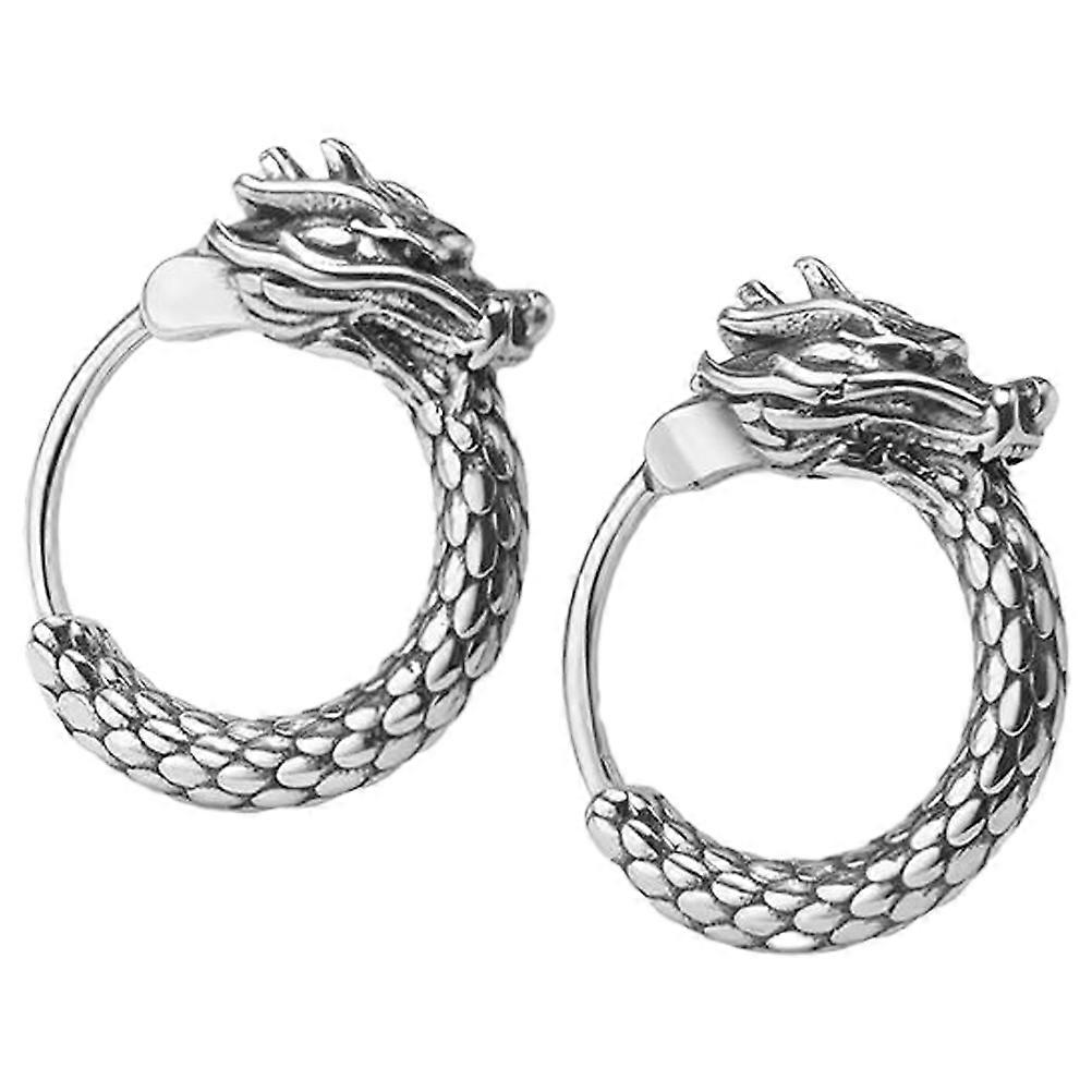 Retro Dragon Hoop Earrings for Men Plated Silver, Minimalist Ethnic Design, Durable Fashion Accessory with Unique Cultural Style