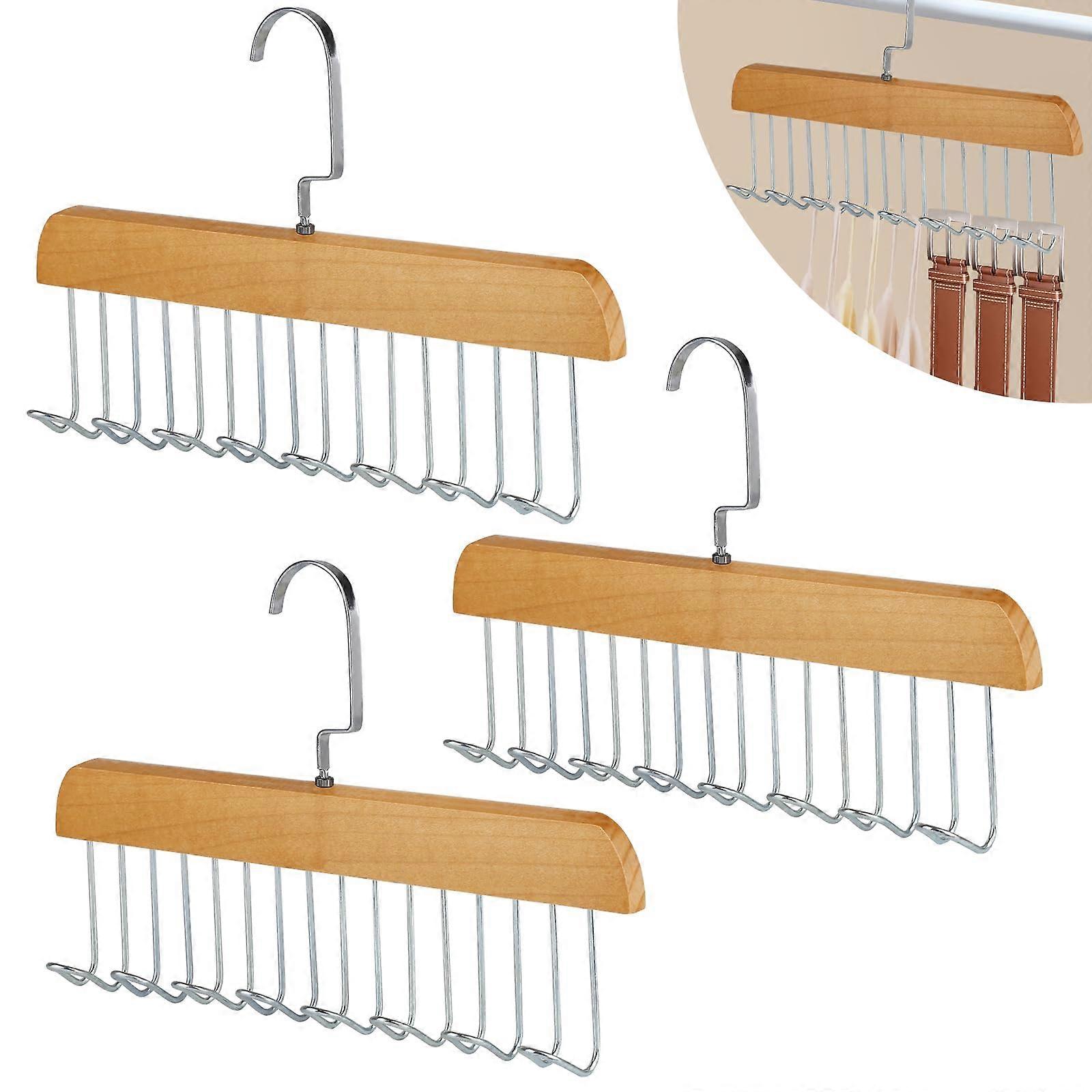 Pack of 3 Wooden Clothes Hangers 28 cm with 8 Hooks, 360° Rotating Tie Holder for Belts, Ties, Underwear in Brown