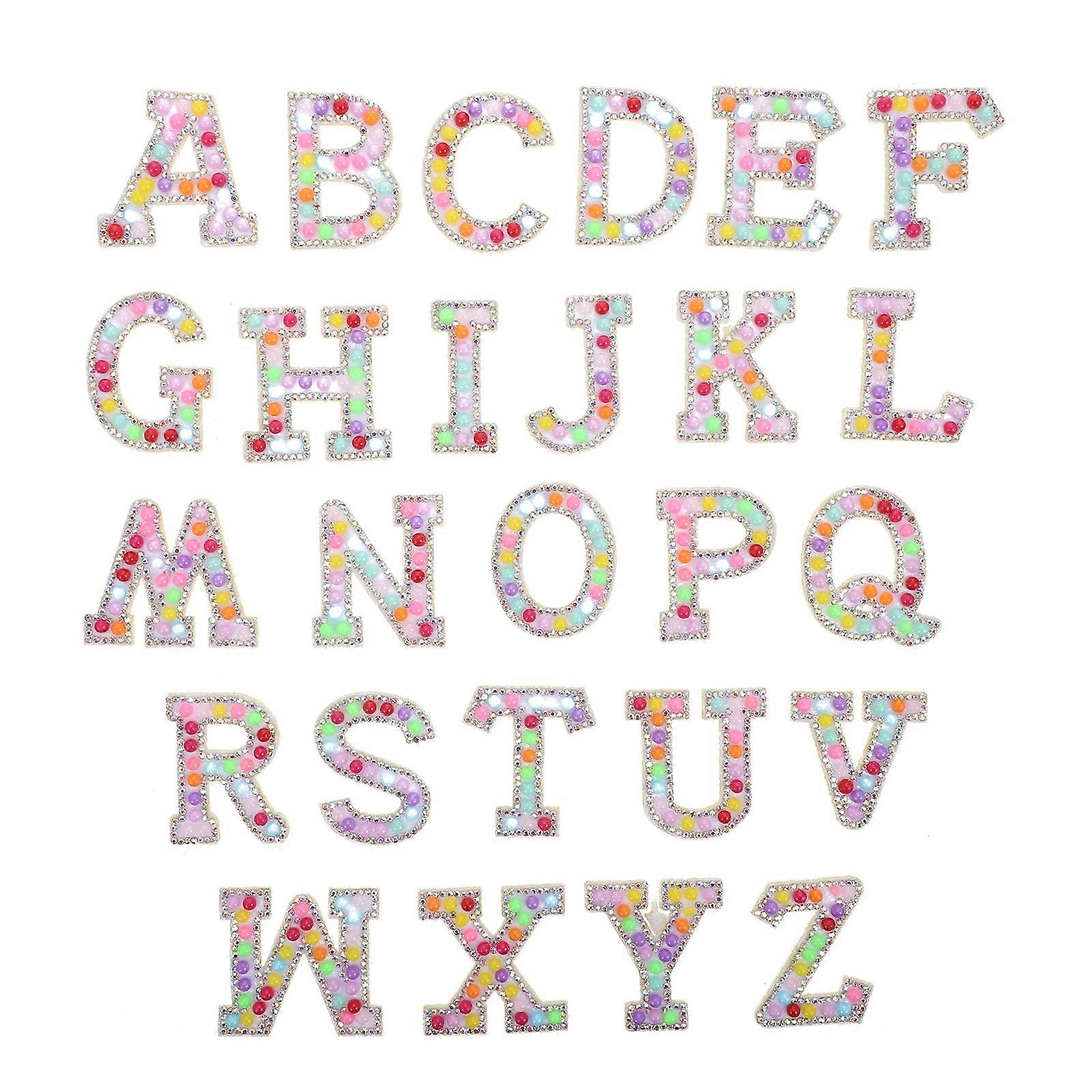 Sew On Patches For Clothing Rhinestone-Embedded Letters Decorative Fabric Patch Multi-Colored 26Pcs