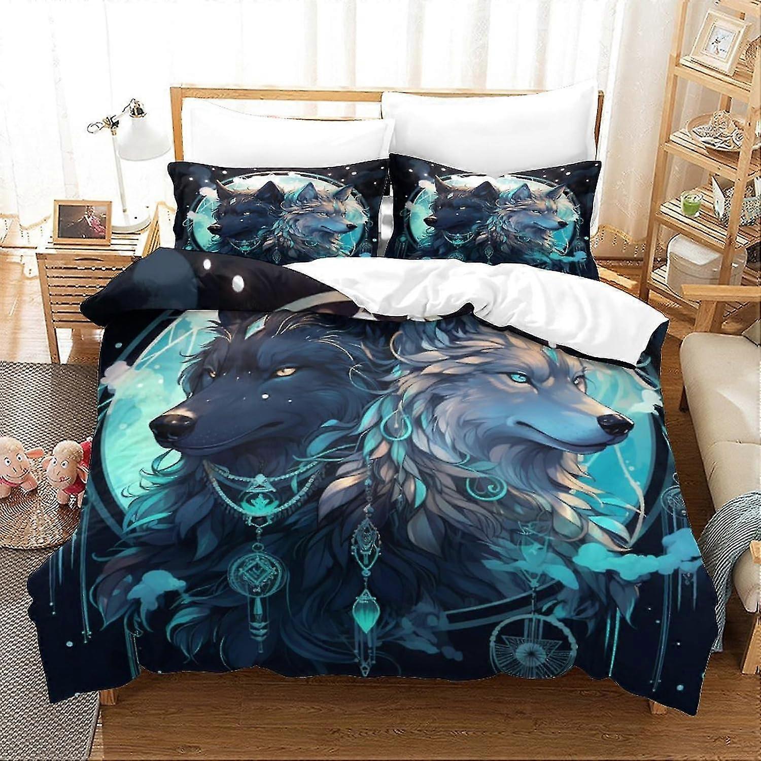 3 Pieces Stylish Wolf Bedding Set with Pillowcases Soft Microfiber Duvet Cover Double Size King