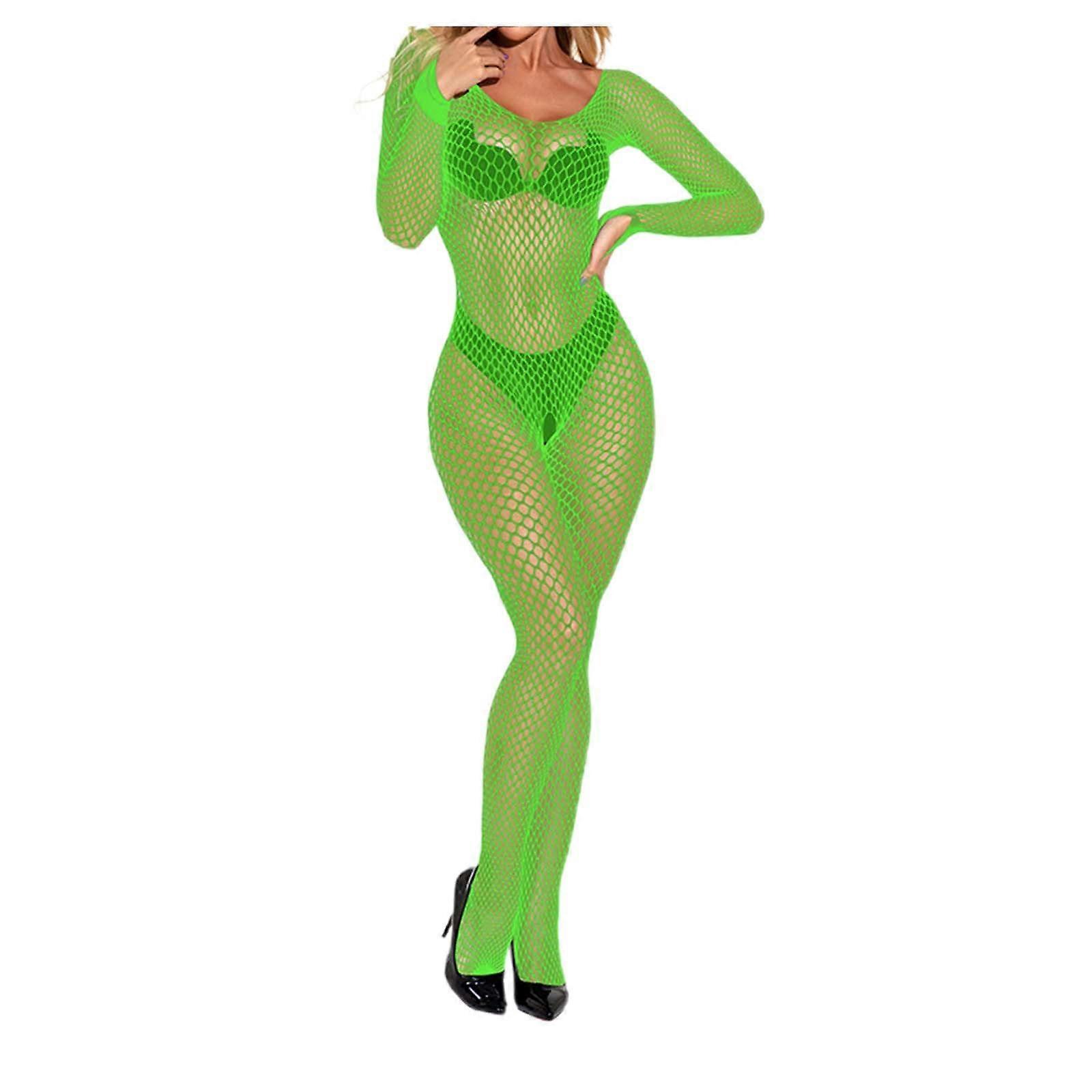 Nylon Stockings Women Long-sleeved Fishnet Bodystocking With Open Crotch, Transparent Stocking Net One Size Green