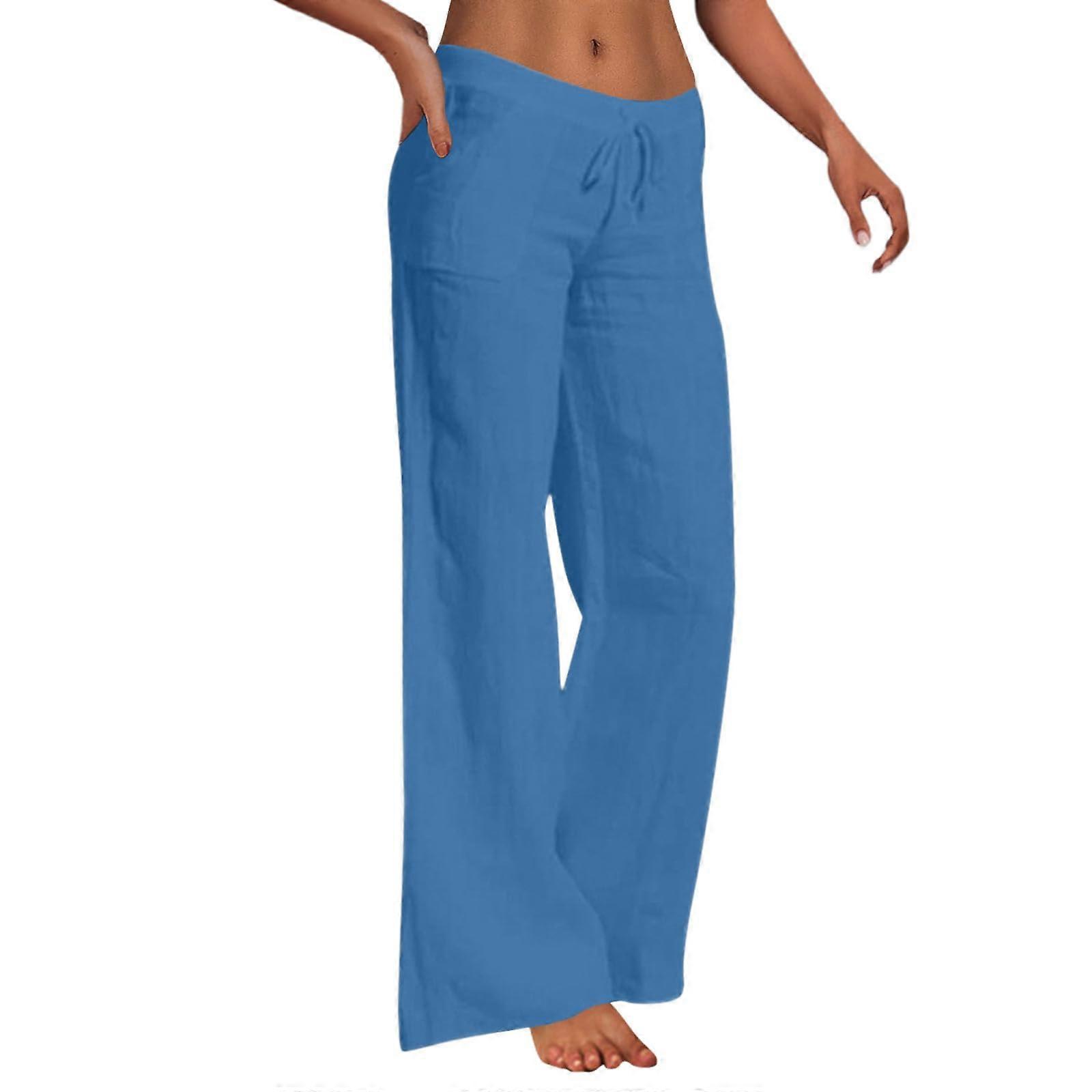 Summer Pants Women Lightweight Linen Pants with Drawstring and Pockets A04 Blue M