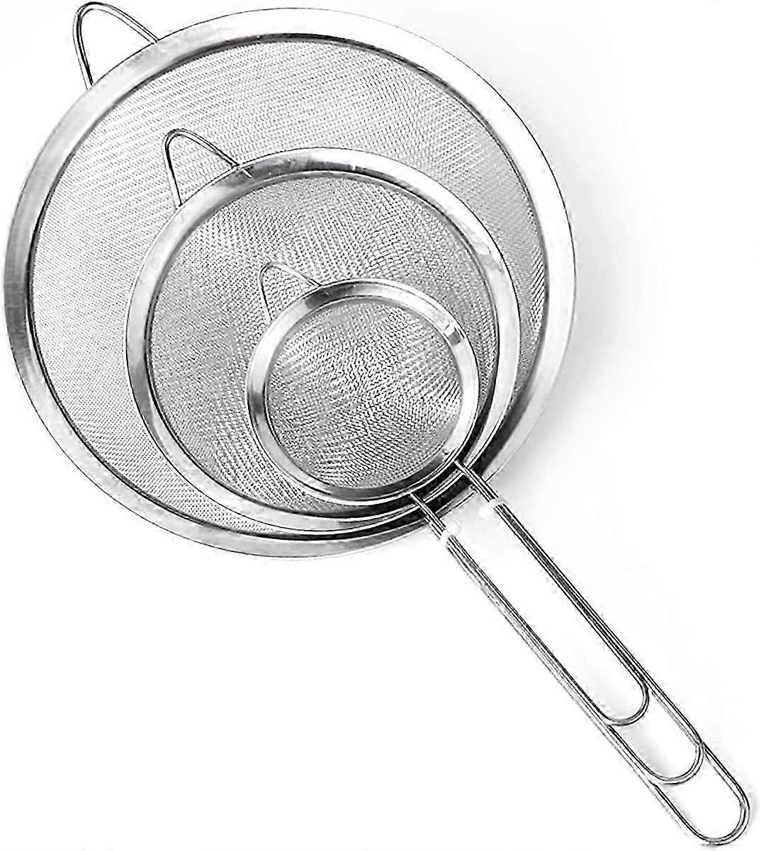 2025 Set of 3 Fine Mesh Sieve, Kitchen Mesh Colander with Handle, Stainless Steel Flour Sieve, for Draining Noodle Powder Pastry Rice Vegetable Egg Wh