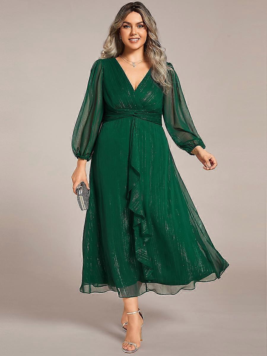 Ever-Pretty Γυναικεία Plus Size Λαμπερό Σιφόνι Μακρυμάνικο Γάμος Φόρεμα καλεσμένων Twist Knot A-Line Βραδινά Φορέματα