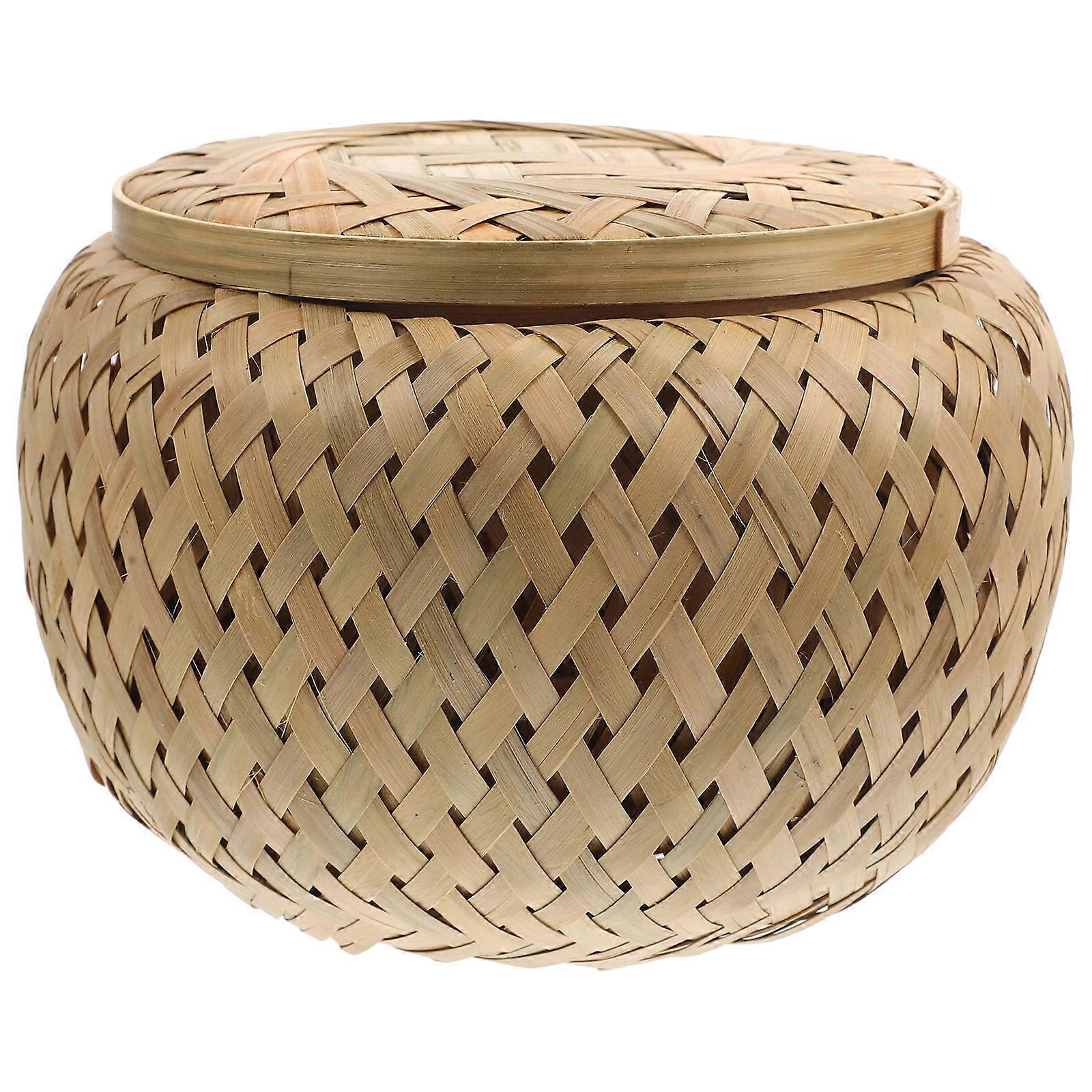 Woven Bamboo Storage Basket with Lid – Multi Functional Texture Basket for Fruits, Sundries, Home Decor, Friends & Family – Rustic Design