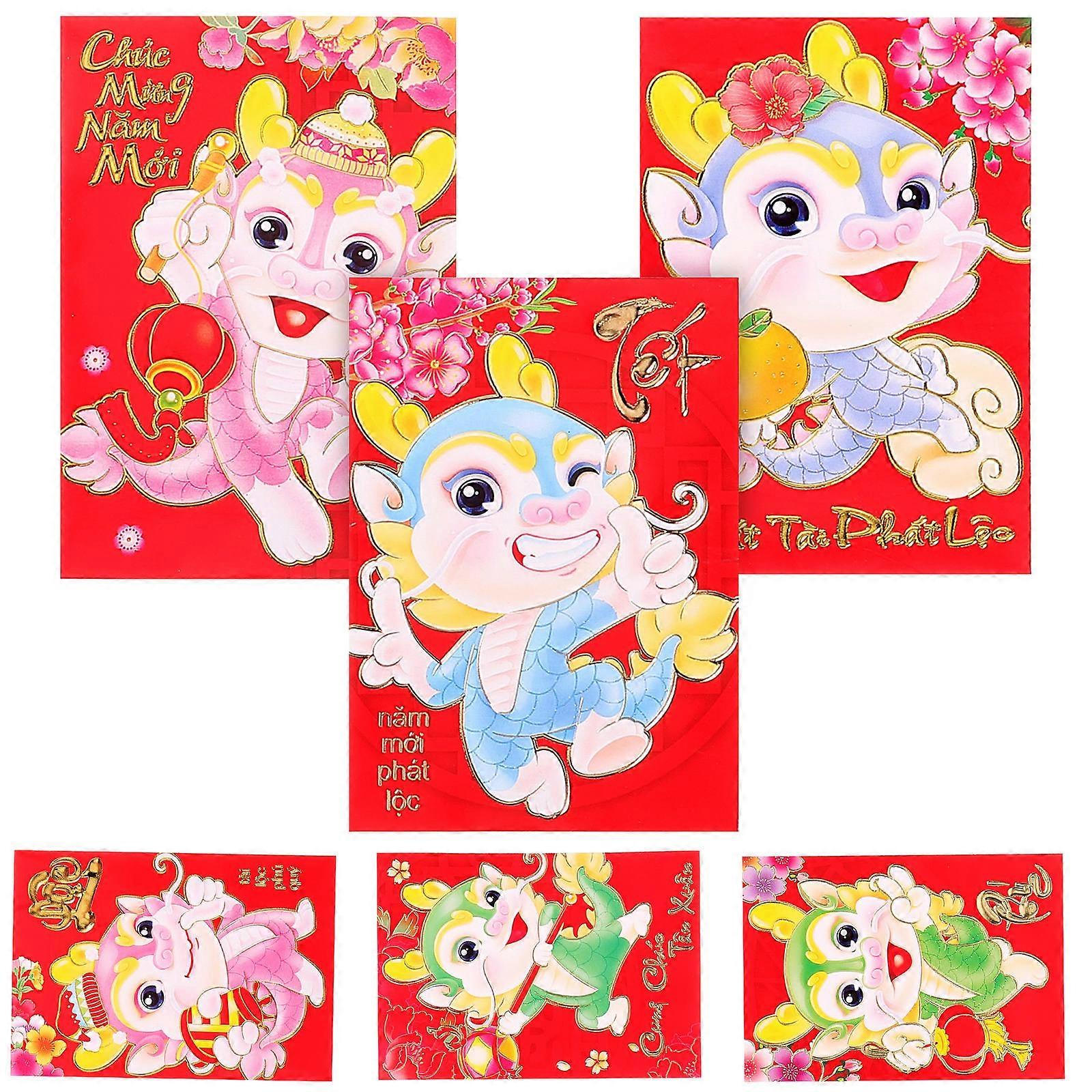 Red Money Envelopes Spring Festival The Year of Dragon Luck Money Envelopes Cartoon Design Paper Money Storage 6Pcs