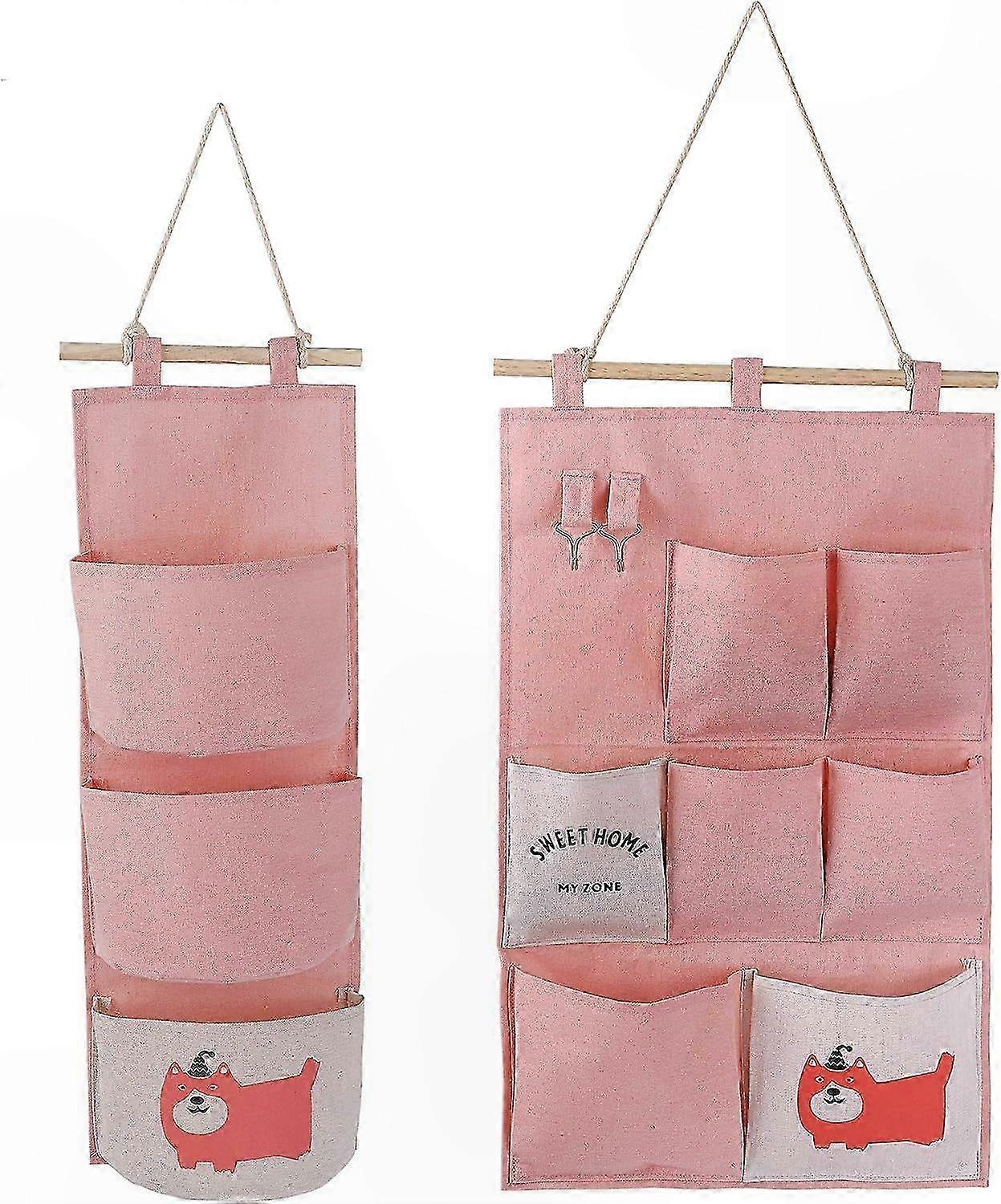 Linen Fabric Storage Bag with Small Pockets for Home Office Use Pink色调