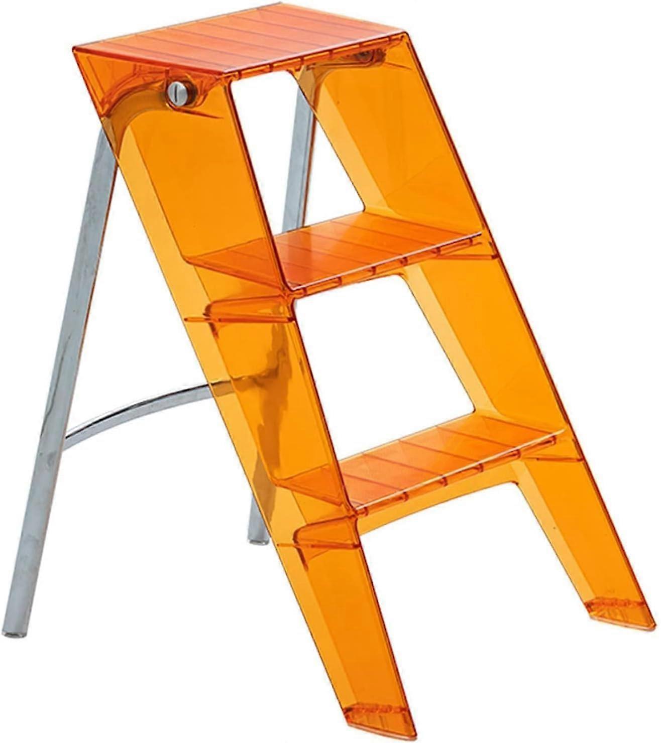 Transparent folding ladder, 3step acrylic, foldable stool, nonslip orange.