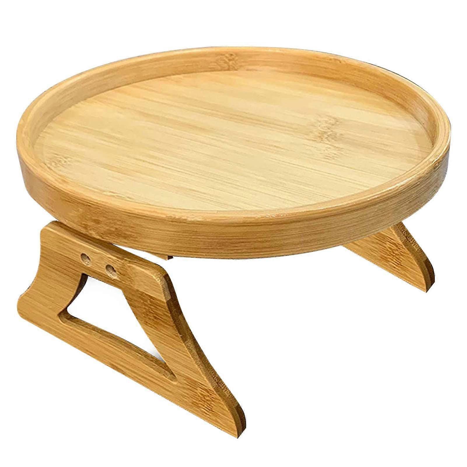 Sofa Arm Clip Table - Wooden Clip-On Tray for Sofa Armrest, Foldable Side Table for Remote, Drinks, Dishes, 25cm Diameter