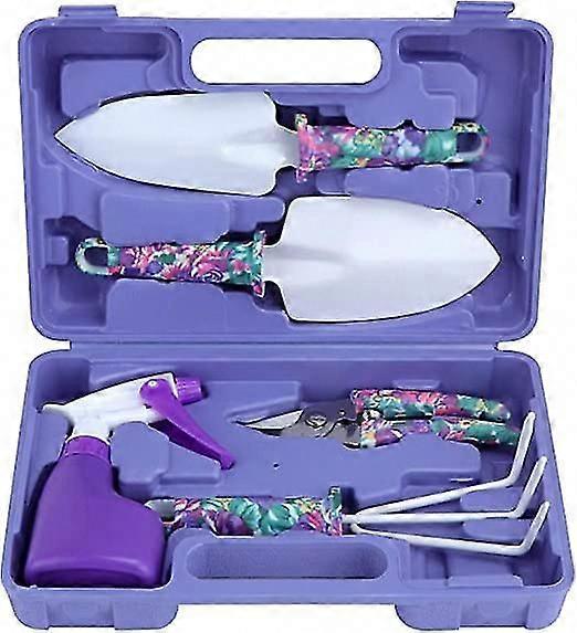 5-Piece Gardening Tool Set with Storage Box - Trowel, Scissors, Rake, Sprayer (Purple, Rust-Resistant)
