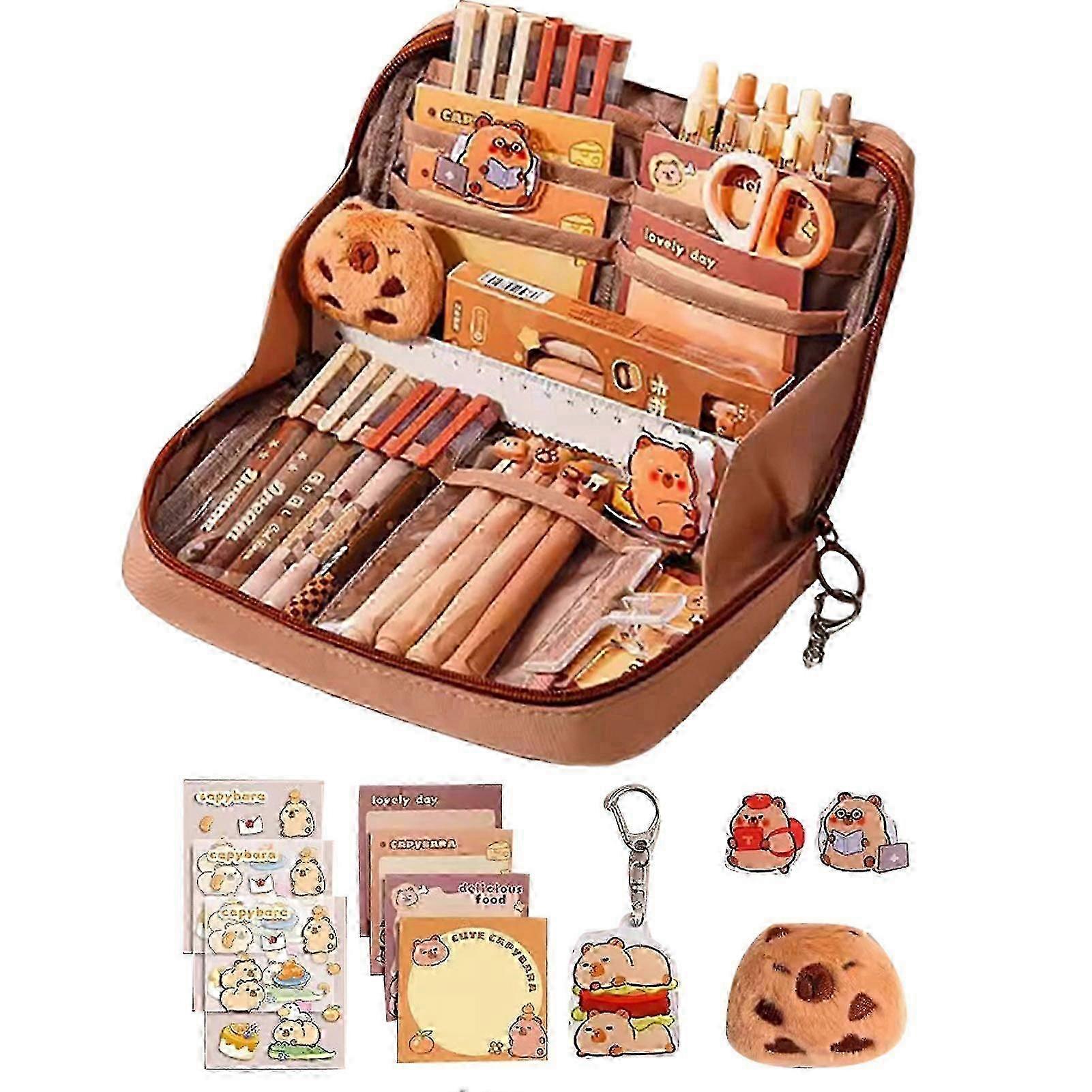 Cute Capybara Pencil Case with Wide Opening & Plush Stickers - Ideal for School Supplies & Notepad Use