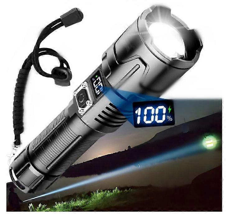 Super Bright 1000000 Lumens High Powerful LED Flashlight,USB Rechargeable Torch with Digital Power Display,IP65 Waterproof(Black)