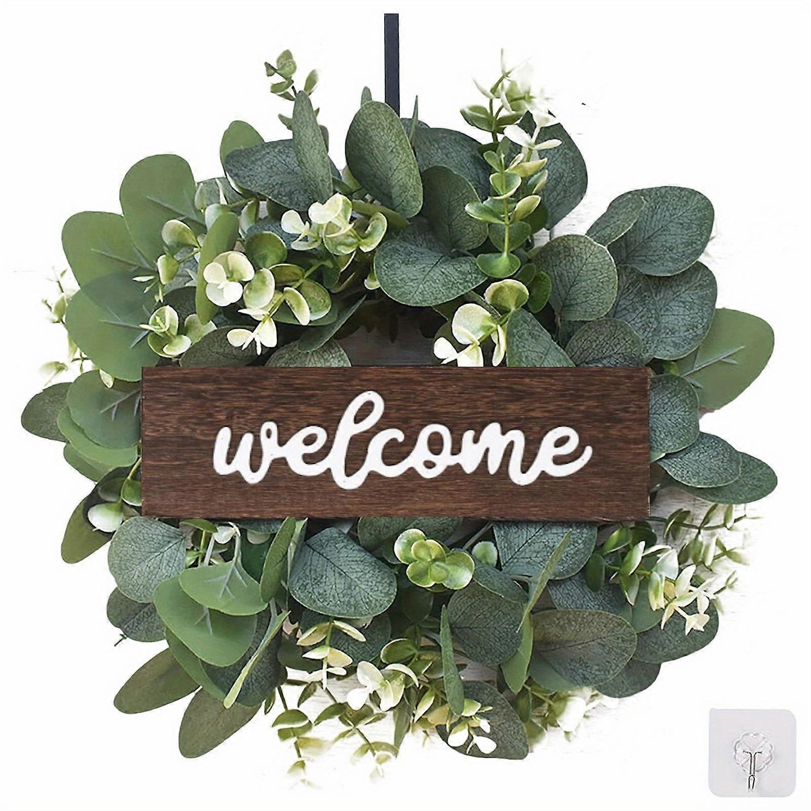 Green Eucalyptus Wreath with Welcome Sign Artificial Eucalyptus Wreath Spring Summer Wreath with White Berries for Front Door
