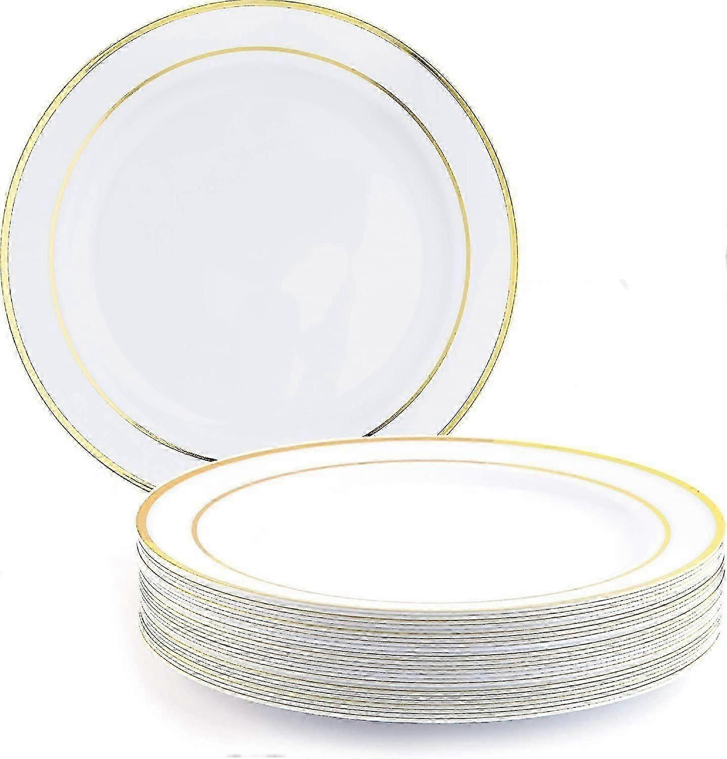 Düğünler, Doğum Günleri ve Partiler için Altın Jantlı 25 Beyaz Tabak, 26cm - Sağlam ve Yeniden Kullanılabilir