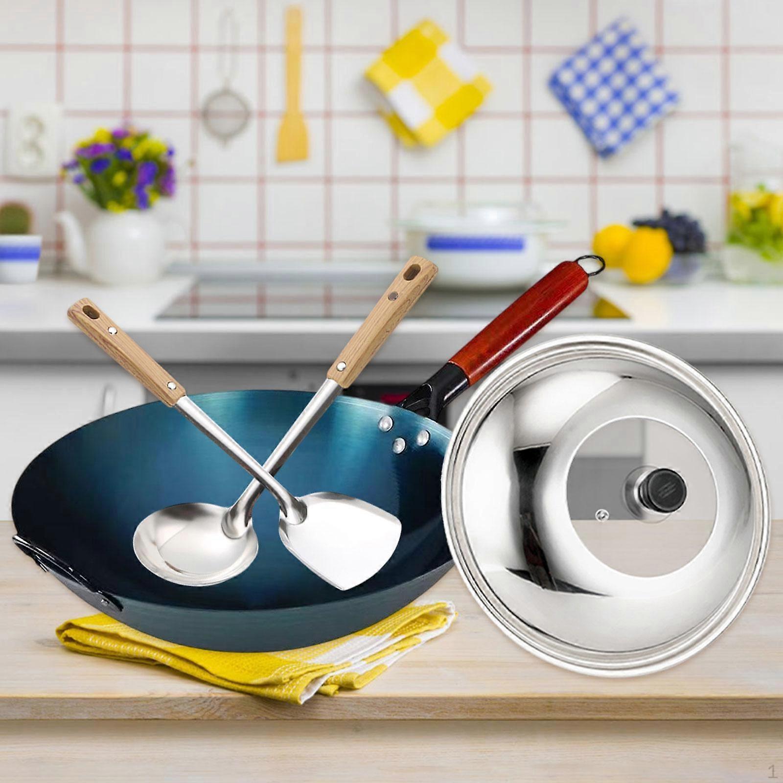 Chef Wok with Wooden Handle and Lid for Cooking at Home