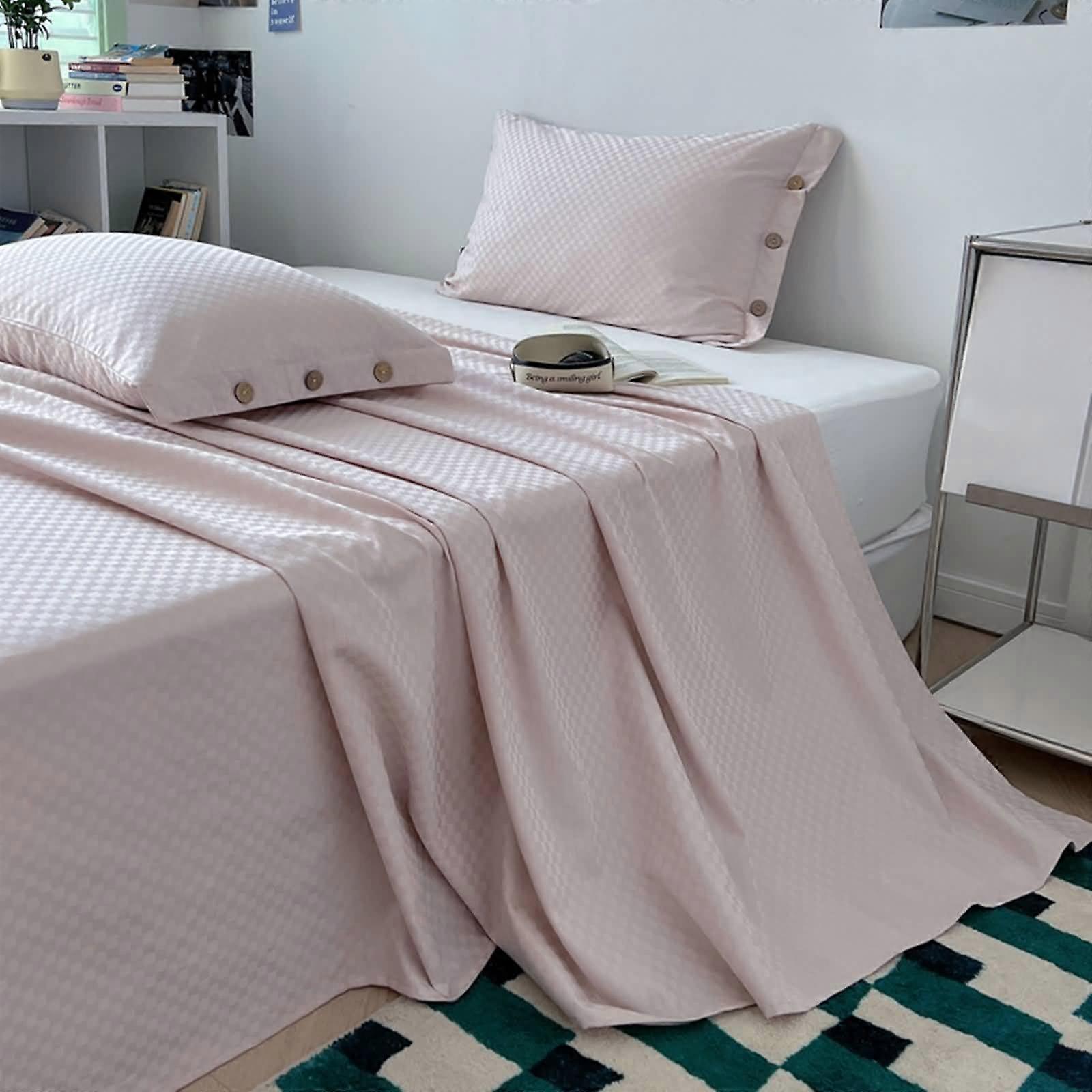 Pink Cotton Flat Sheet with Jacquard Checkered Texture, Soft Fade Resistant Bedding for Bedroom, 200x230cm