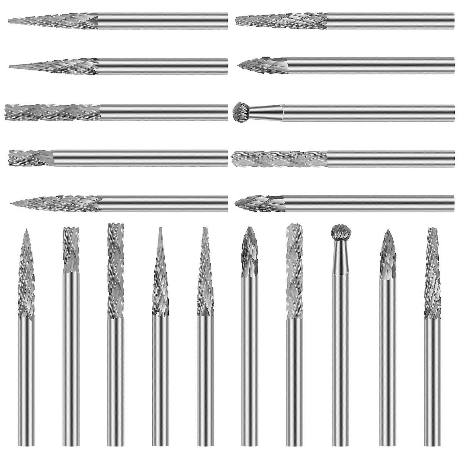 20Pcs Carbide Burr Set, compatible with rotary tools. Tungsten carbide die grinder bits for plastics, metals, engraving, polishing. Durable rotary