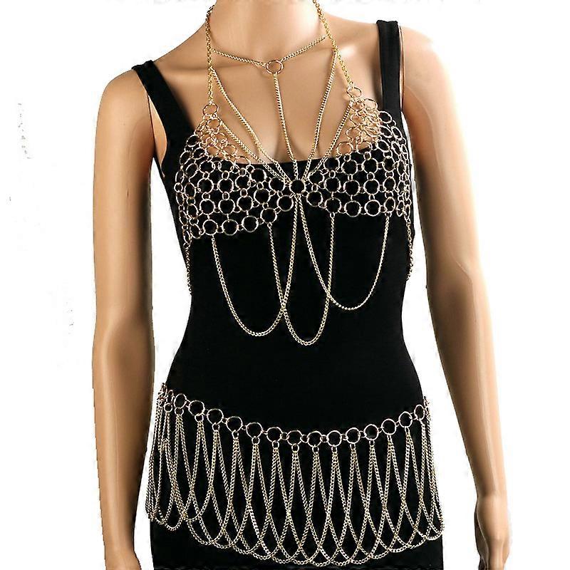 Sexy Mesh Body Chain Bra Halter Bikini Women Multi-layered Golden Body Chain Skirts