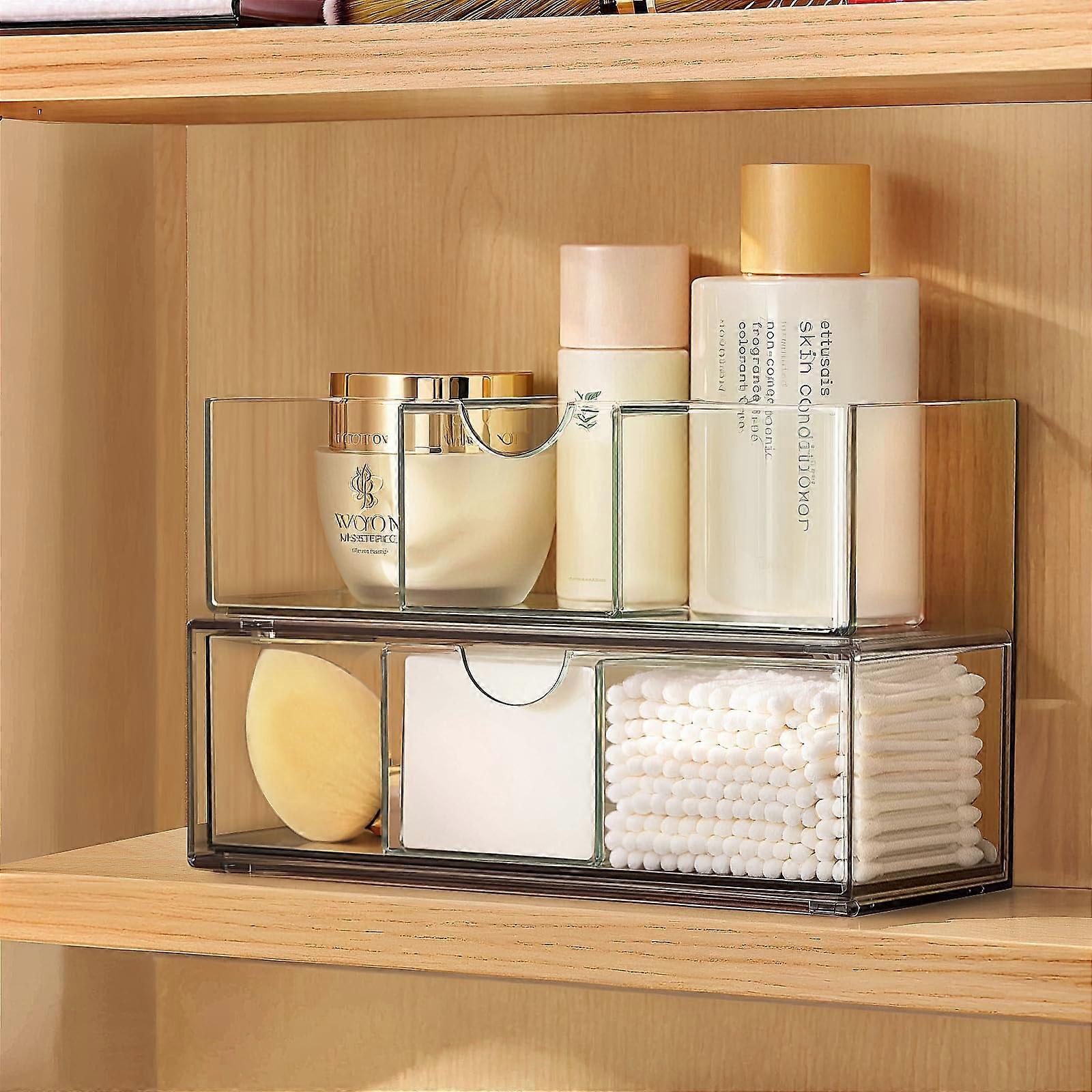 Medicine Cabinet Organizer 2 Pack, Clear 2Tier Stackable Storage Drawers with Adjustable Divider
