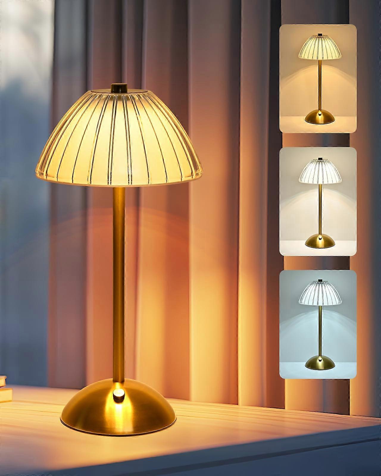 Cordless Table Lamp Gold Crystal Rechargeable LED with Touch Control Dimming 3Color Modes