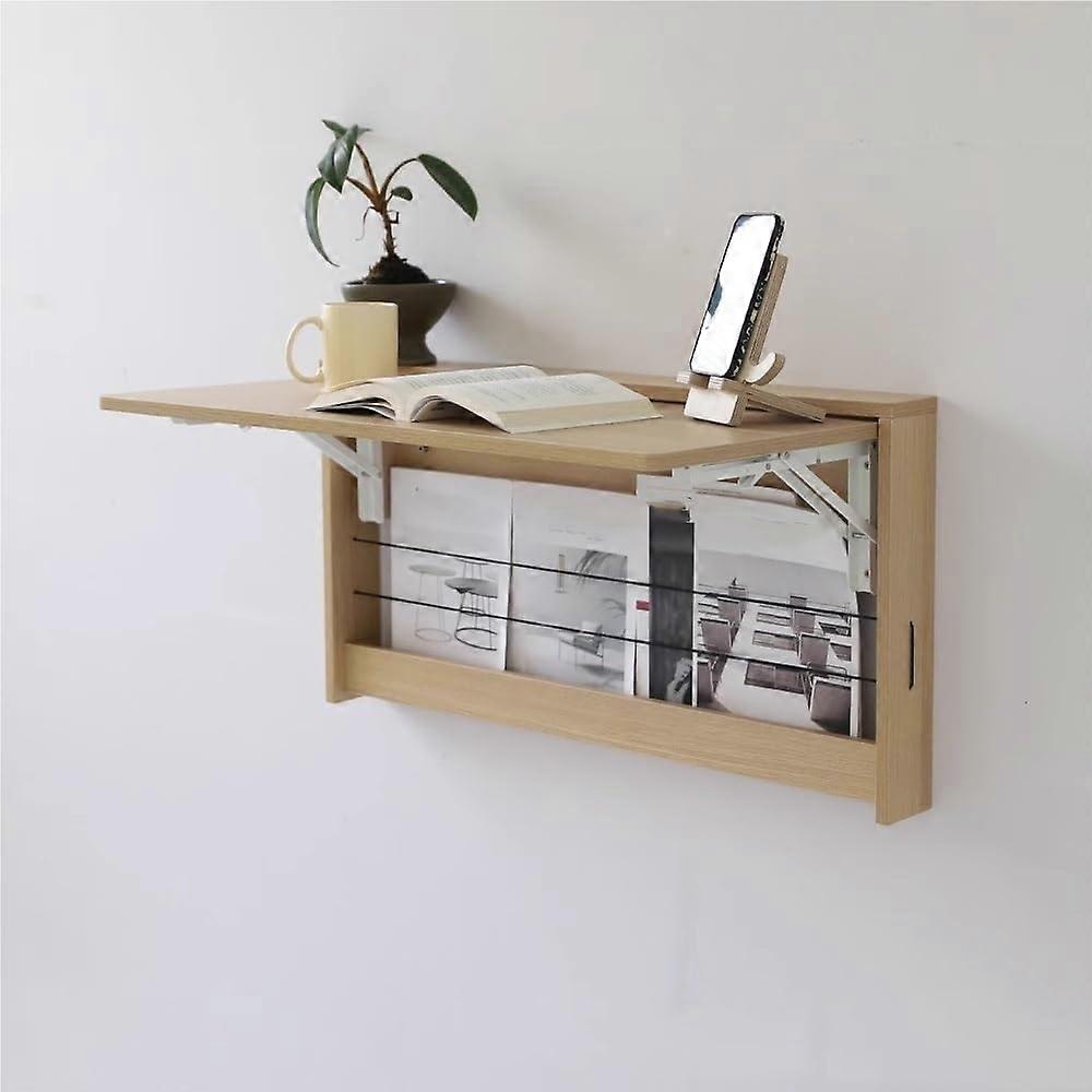 Wall Mounted Foldable Desk with Storage Shelves, Space Saving Computer Table for Home Office Natural