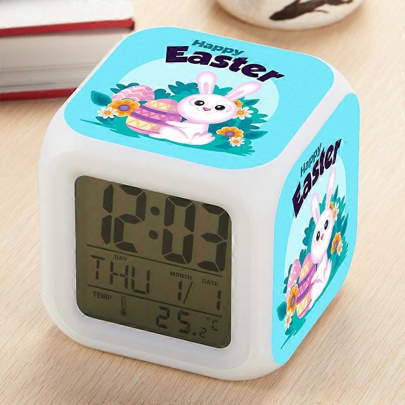 Easter-themed LED seven-color changing square clock, multi-functional creative alarm clock, desktop silent electronic clock