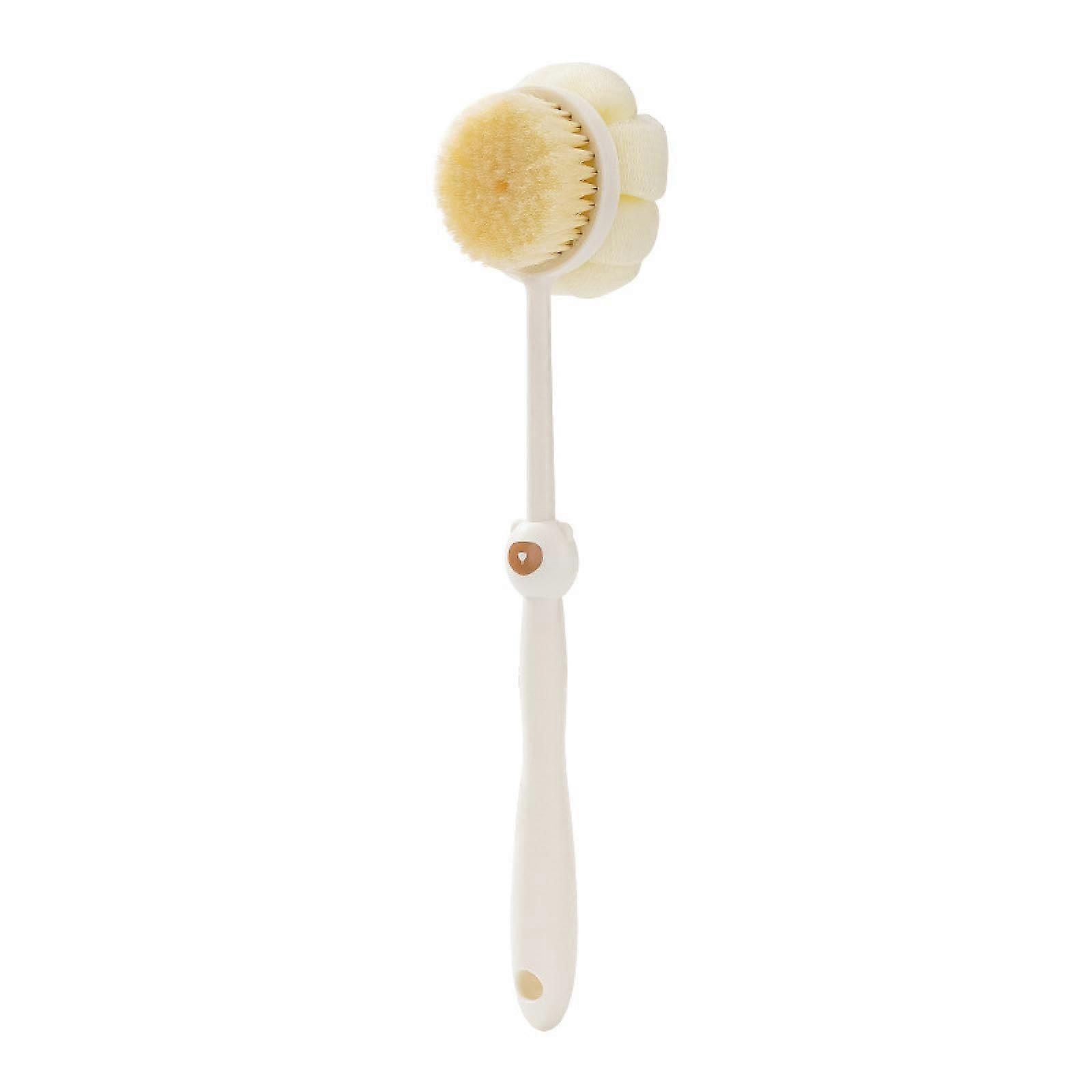 Bath Brush with Long Handle DoubleSided Soft Bristles and Loofah for Back Scrubbing White