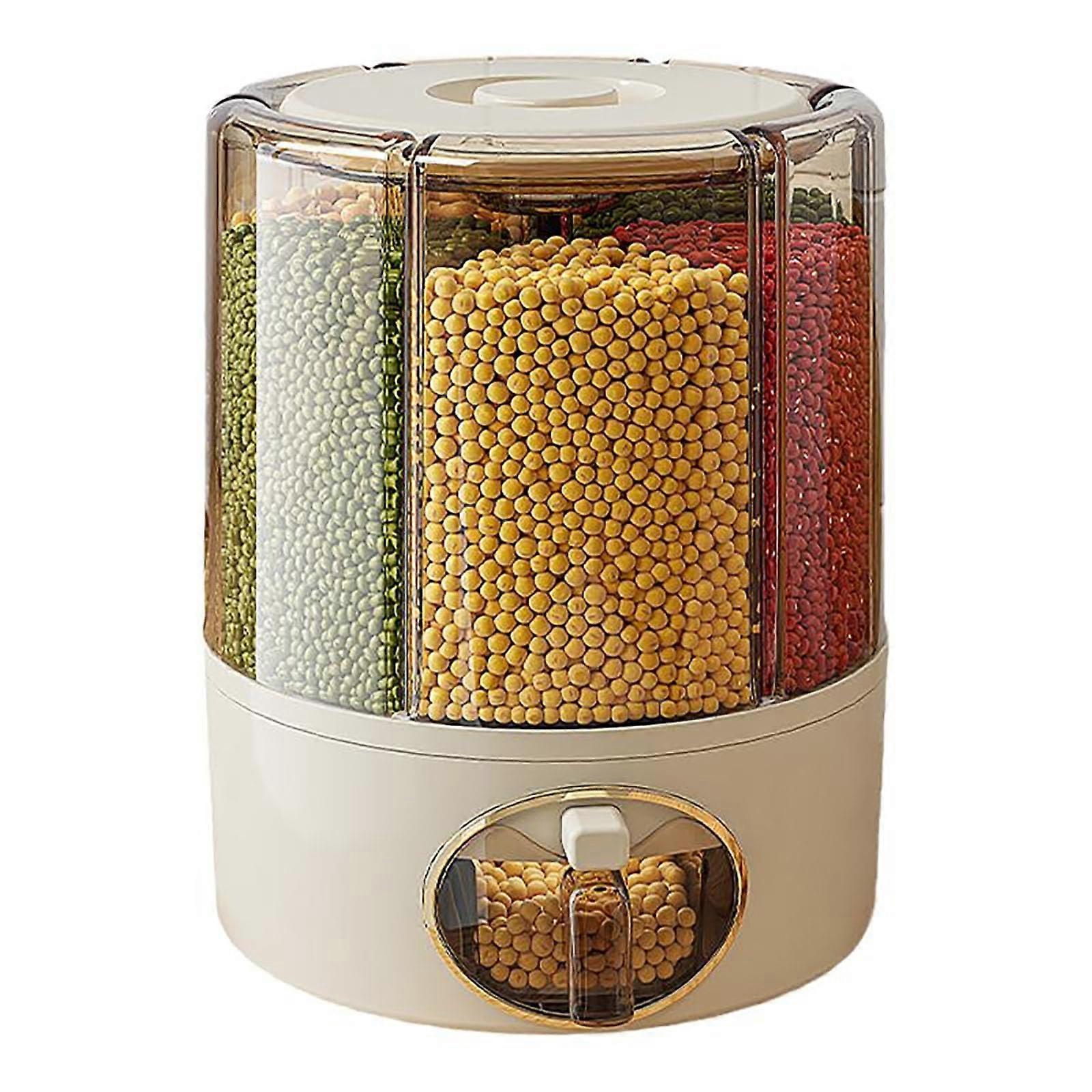Grain Storage Container 6 Compartment Rotating Rice Dispenser with Measured Scoop for Kitchen Pantry
