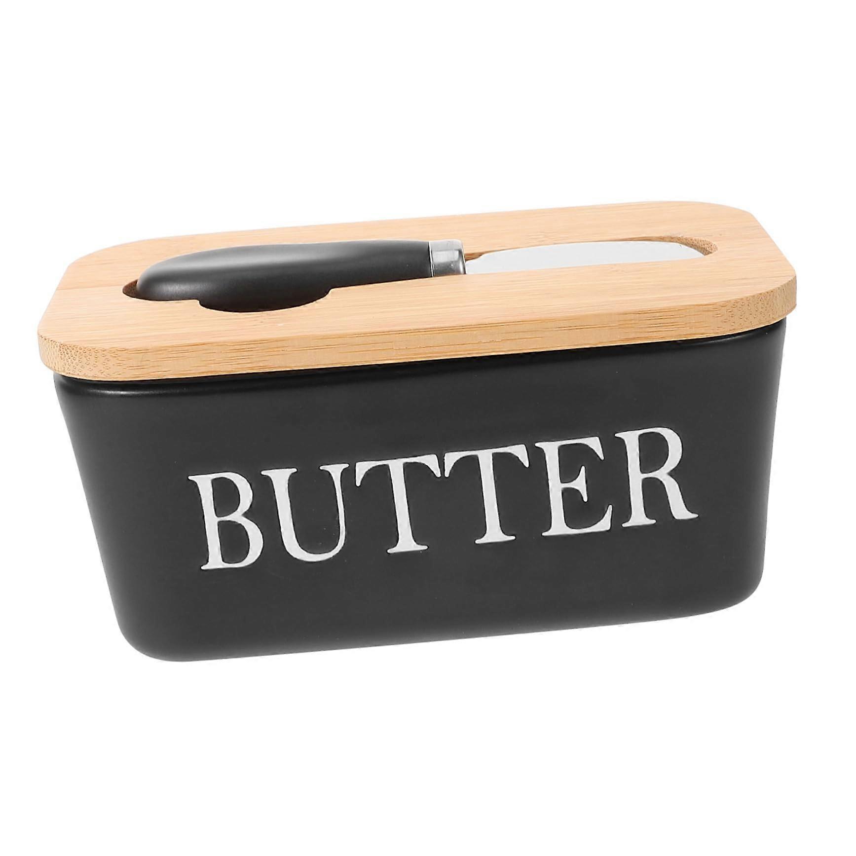 Ceramic Butter Dish with Wooden Lid and Cutter, Rectangular Butter Keeper for Fresh Kitchen Storage