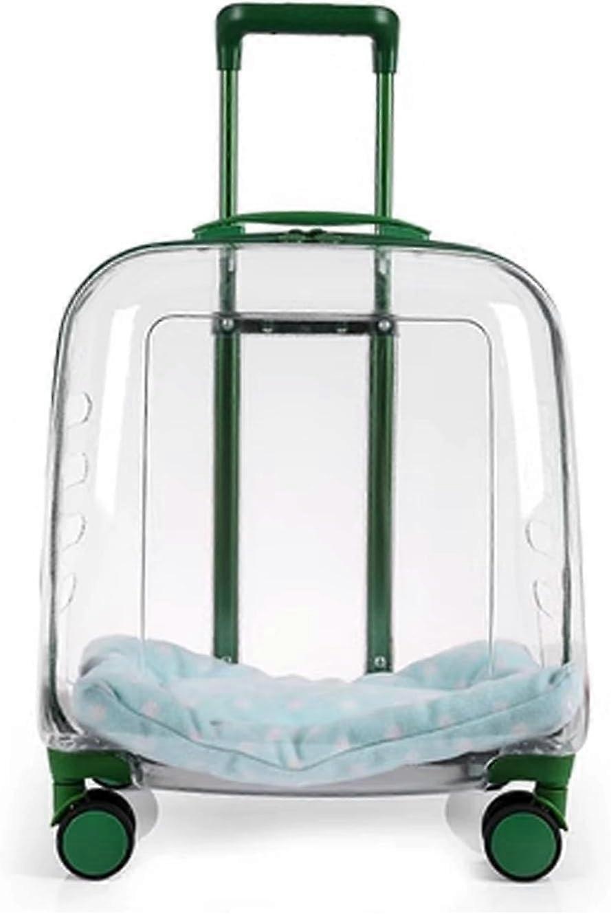 Transparent Pet Trolley Backpack with Wheels for Cats and Dogs, Adjustable Height, Green