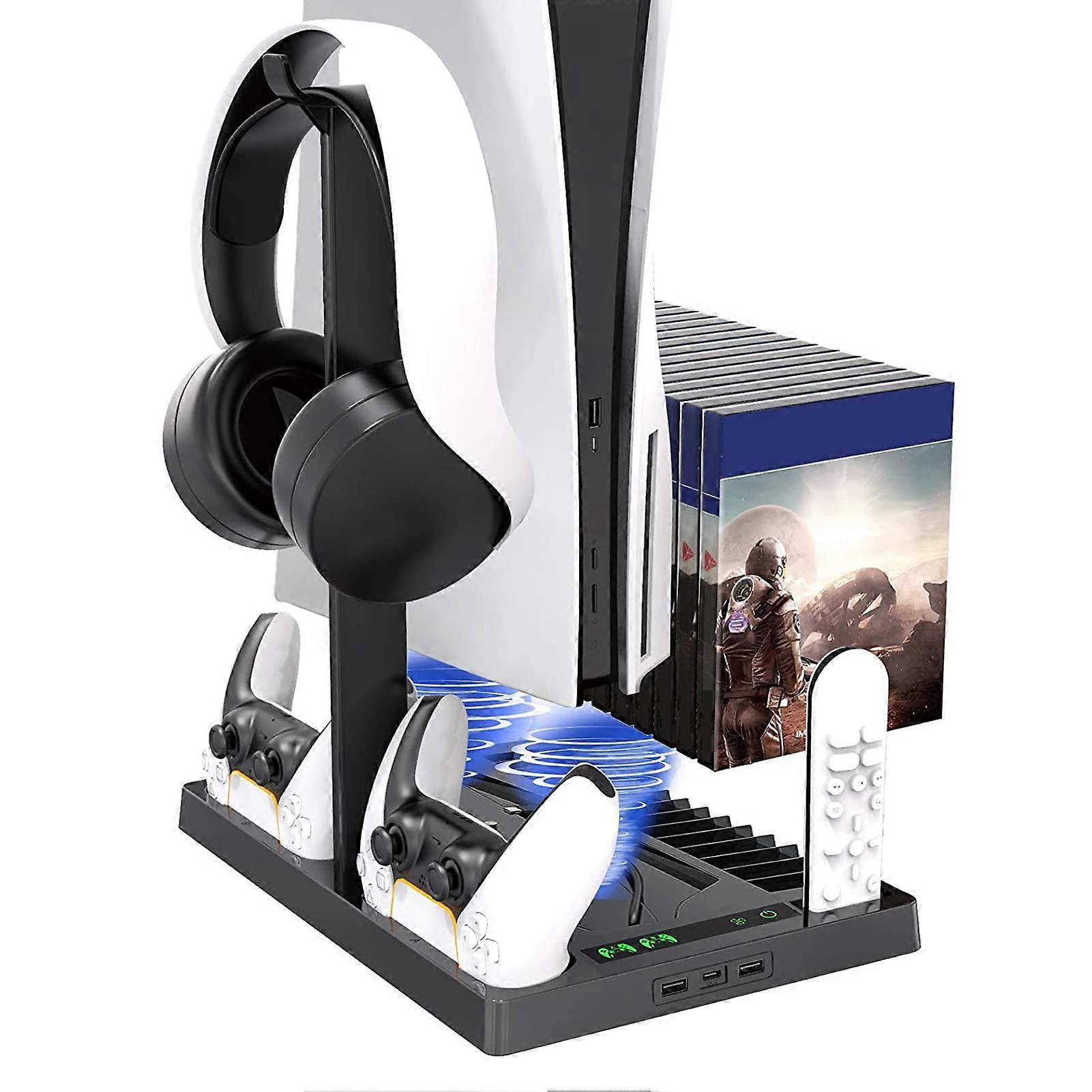Vertical Stand for PS5 with DualFan Cooling, Fast Controller Charging, Game Disc and Headset Storage