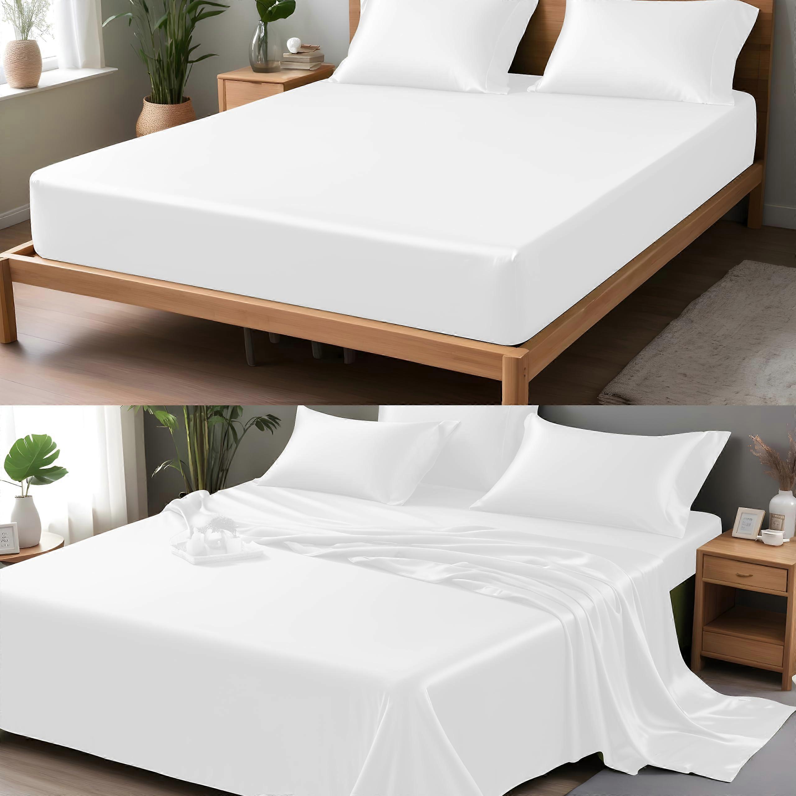 King Size Silk Sheets Set White Eucalyptus Silky Smooth Breathable Bedding