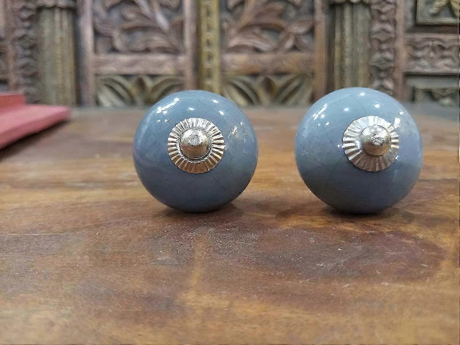 8 Round Crackle Gray Ceramic Door Knobs - Vintage - Hand Painted Ceramic