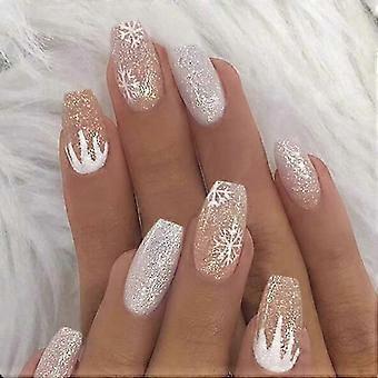 Acrylic Coffin Press on Nails White Snowflake 24Pcs Christmas Fake Nails False Nail Tips with Glue Sticker