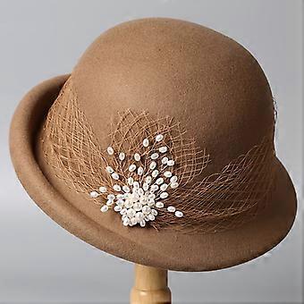 Women's Pure Wool Felt Cloche Hat, Round Brim with Tulle Pearl Flowers, Elegant French Style Warm Winter Bucket Hat
