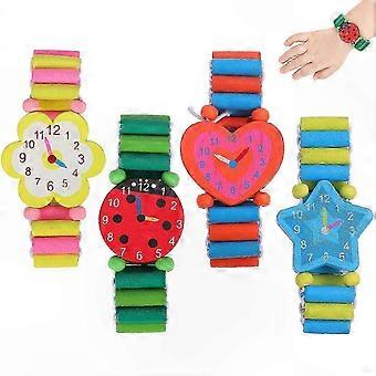 4er-Pack dehnbare Holzuhren mit Cartoon-Motiven, geeignet für Kinder, kreatives Armbandspielzeug mit zufälligen Mustern, umweltfreundliches Design