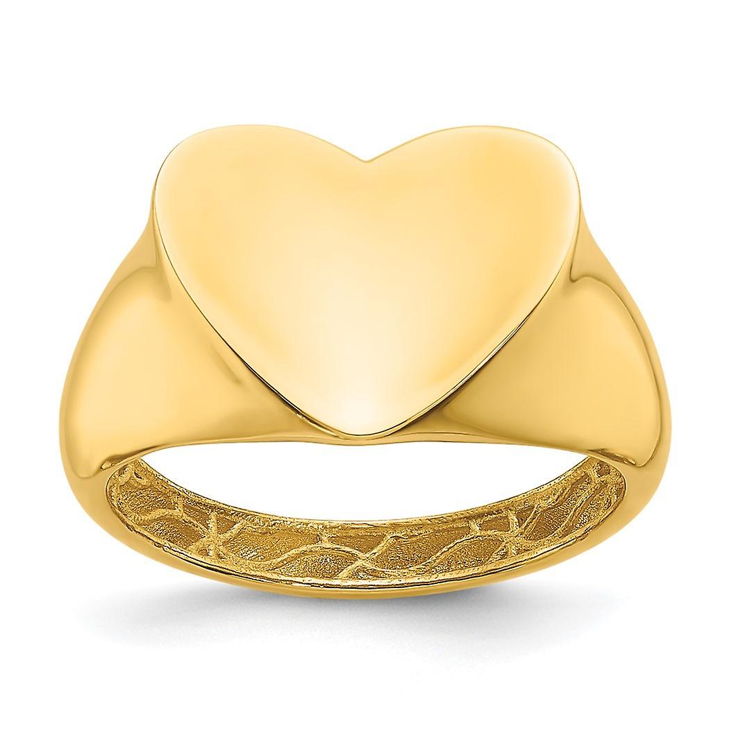 14Kソリッドイエローゴールドラブハートシグネットリング幅14.3mm厚1.8mm女性用ステートメントリング-リングサイズ:5〜8