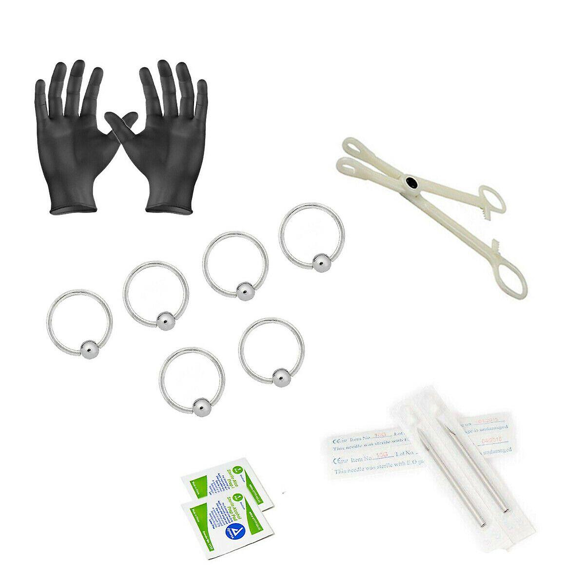 12-Piece captive bead piercing kit - includes (6) 16g captive bead rings, (2) needles, (1) forceps, (2) alcohol wipes and a pair of gloves