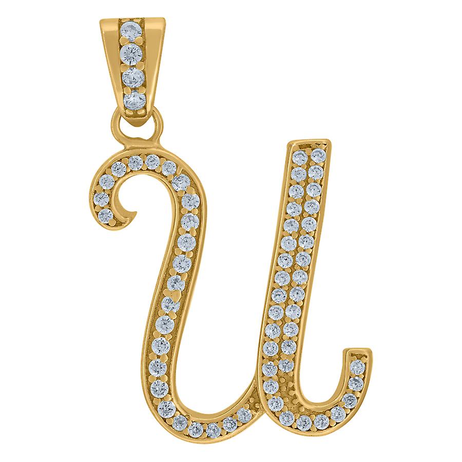 925 Sterling Silver Yellow tone Unisex Cubic Zirconia Letter Name Personalized Monogram Initial Alphabet U Charm Pendant