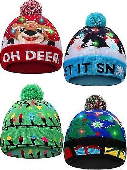 4 Pieces Led Christmas Hat Led Light Up Xmas Hat Knit Christmas Cap with 6 Lights