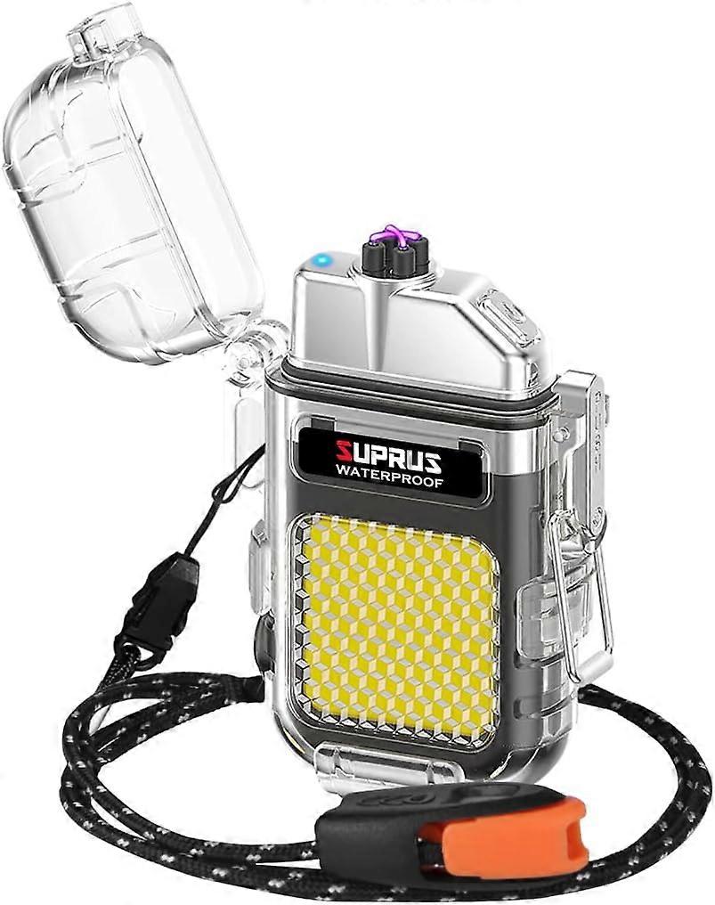 SUPRUS Waterproof Luminous Lighter 3 Modes of Flashlight Windproof Lighter Dual Arc Electric Lighters Rechargeable Dual Arc Plasma Lighter with Surviv