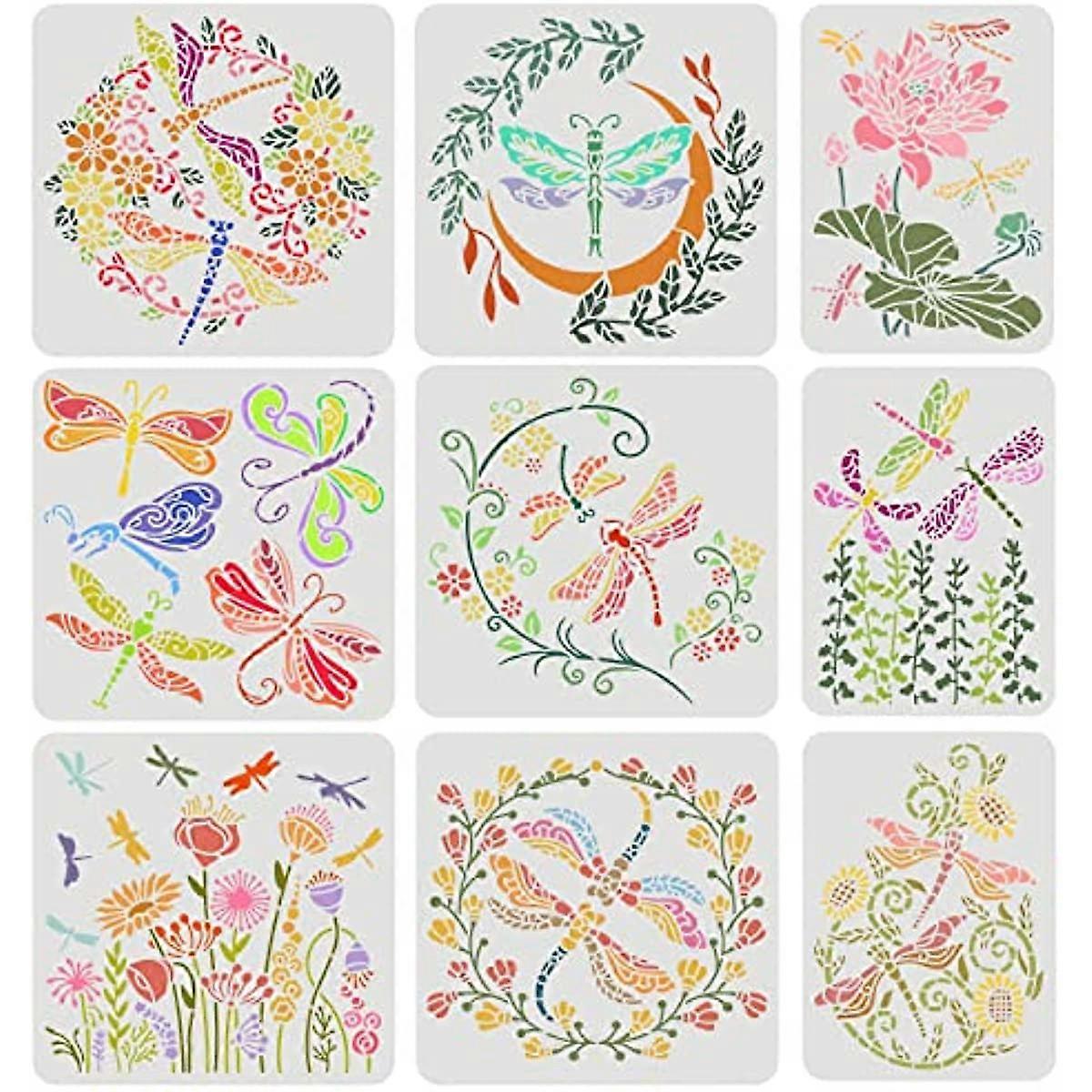 9PCS Dragonfly Flower Stencils 2 Size Reusable Flower Wreath Stencils Flower Bush Lotus Vine Drawing Stencils DIY Art and Craft Stencil Large Stencils