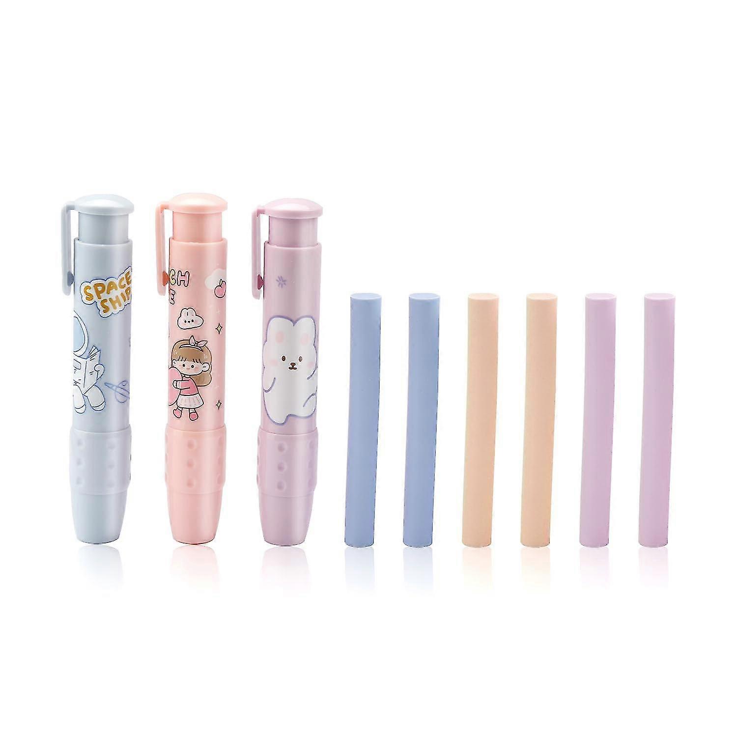 3 pcs Retractable Eraser,Push-Pull Rubber Eraser with 6pcs Eraser Refill,Cute Pen-Like Eraser for Student Writing Office