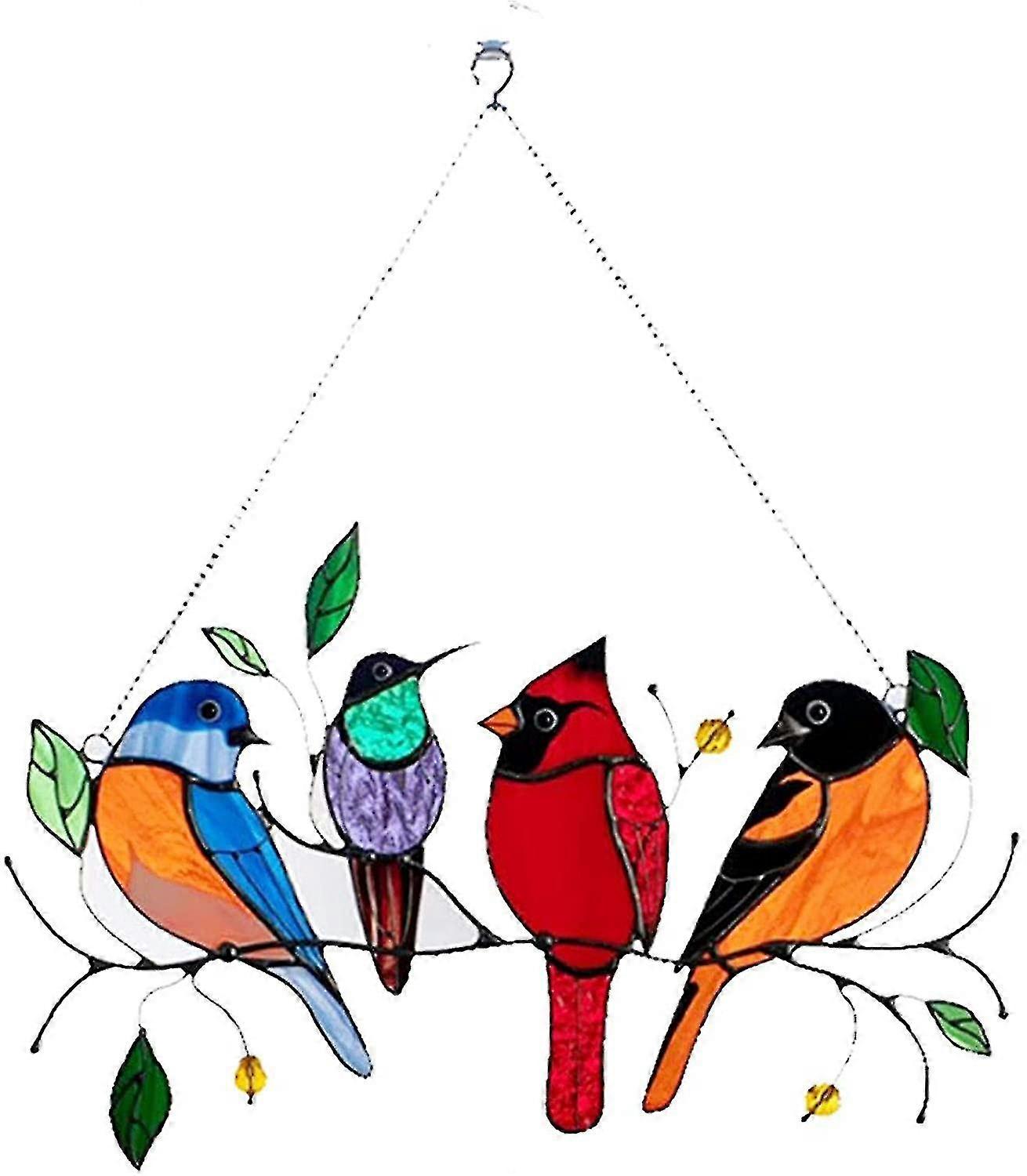 Colourful Bird On Wire High Stained Plexiglass Window Panel, Bird Collection Decorative Hangingstyle 1