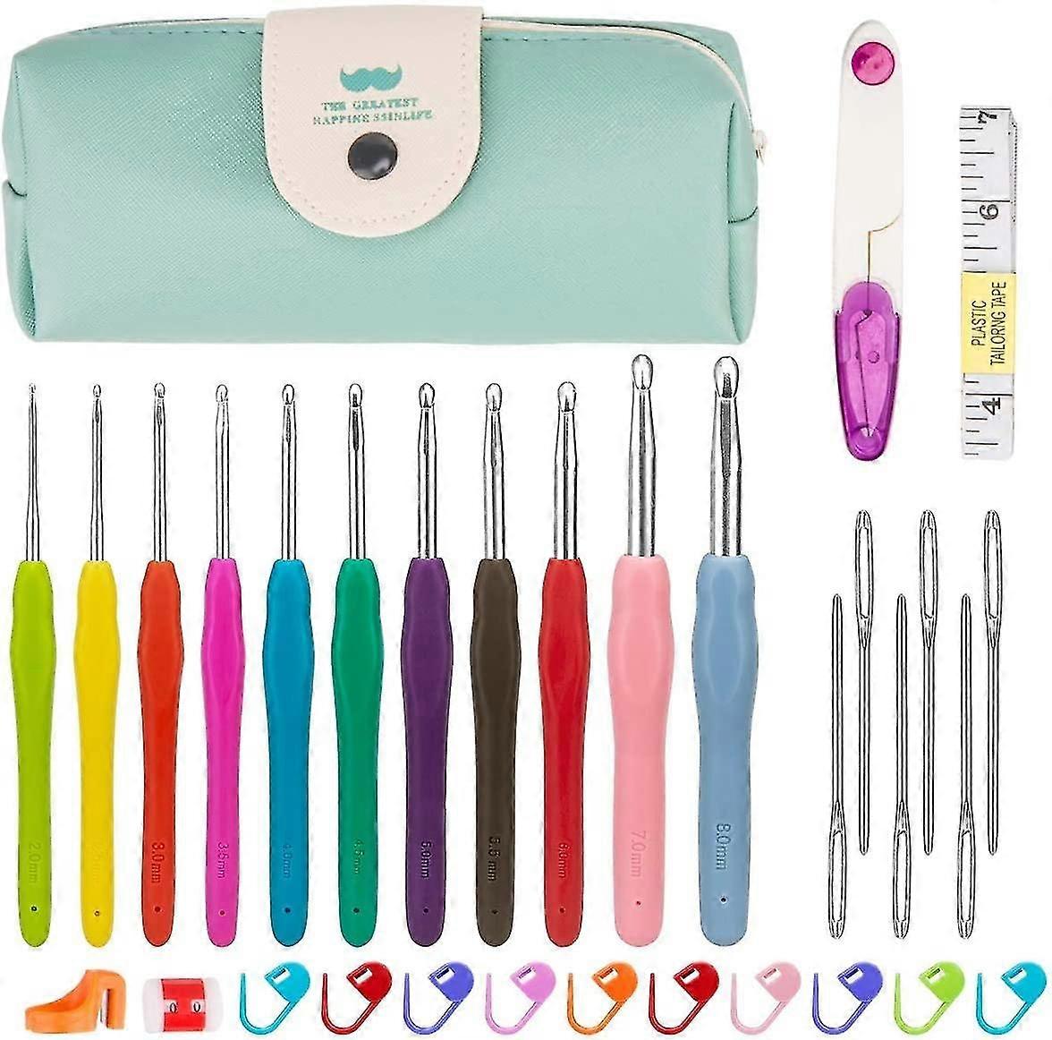 Set Of 11pcs Knitting Needles/knitting Hook With Multicolored Rubber Handle, Set Of Knitting Hooks With 19 Pcs Accessories, Green Bag For Weaving Craf